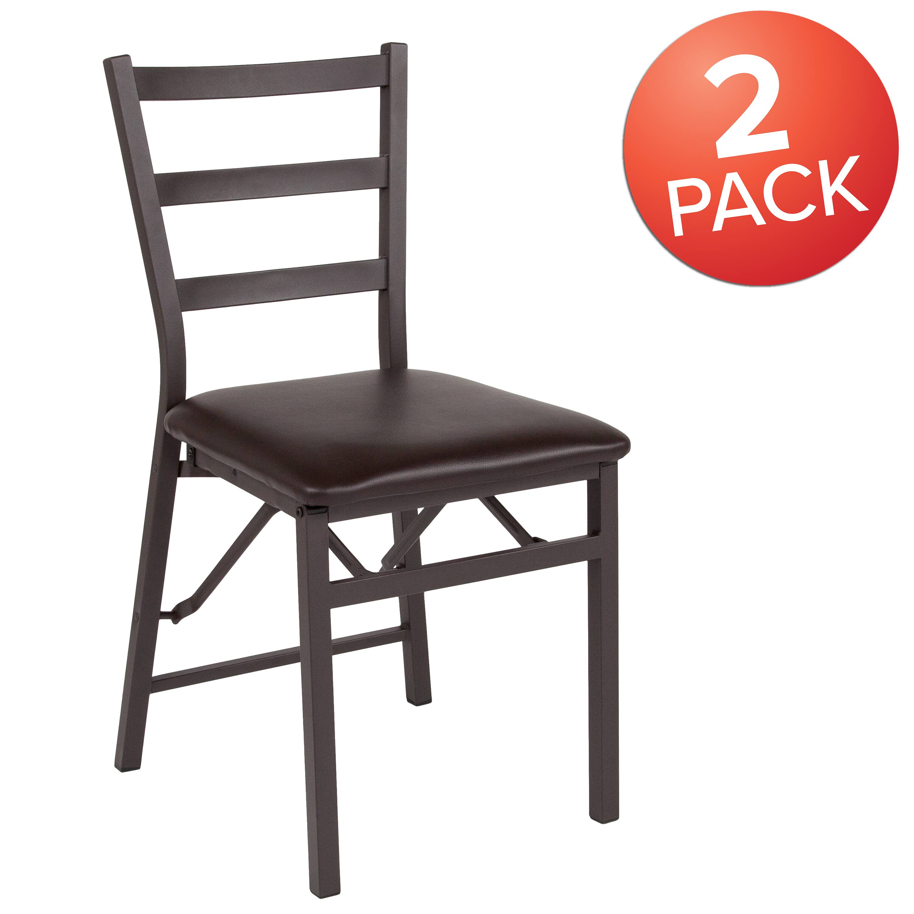 Alt View 1. Emma + Oliver - 2 Pack Folding Ladder Back Metal Chair with Vinyl Seat - Brown.