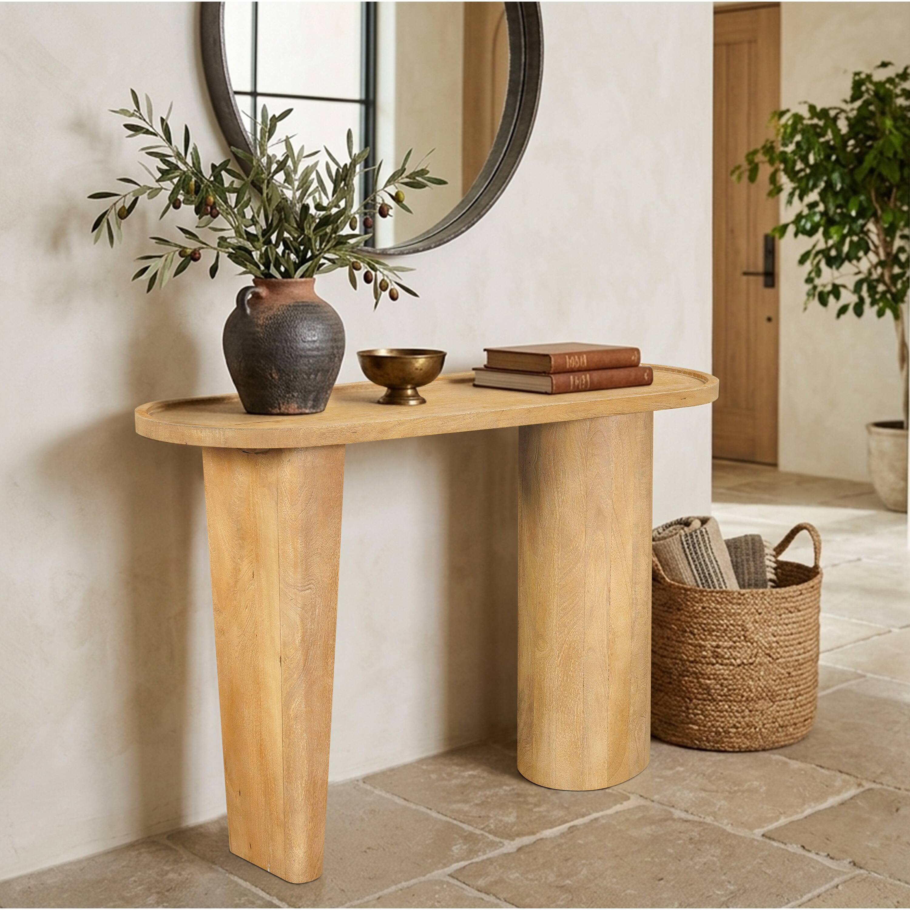 Alt View 4. Manhattan Lane - Sofa Console Table, 47 Inch Raised Edge Oval Shape Tray Top, Sandblasted Natural Brown Mango Wood - Natural Brown.