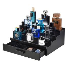 Unique Bargains - 4 Tier Wood Perfume Organizer for Men, Display Stand with Velvet Lining Drawer and Hidden Compartment for Watch, Jewelry - Black