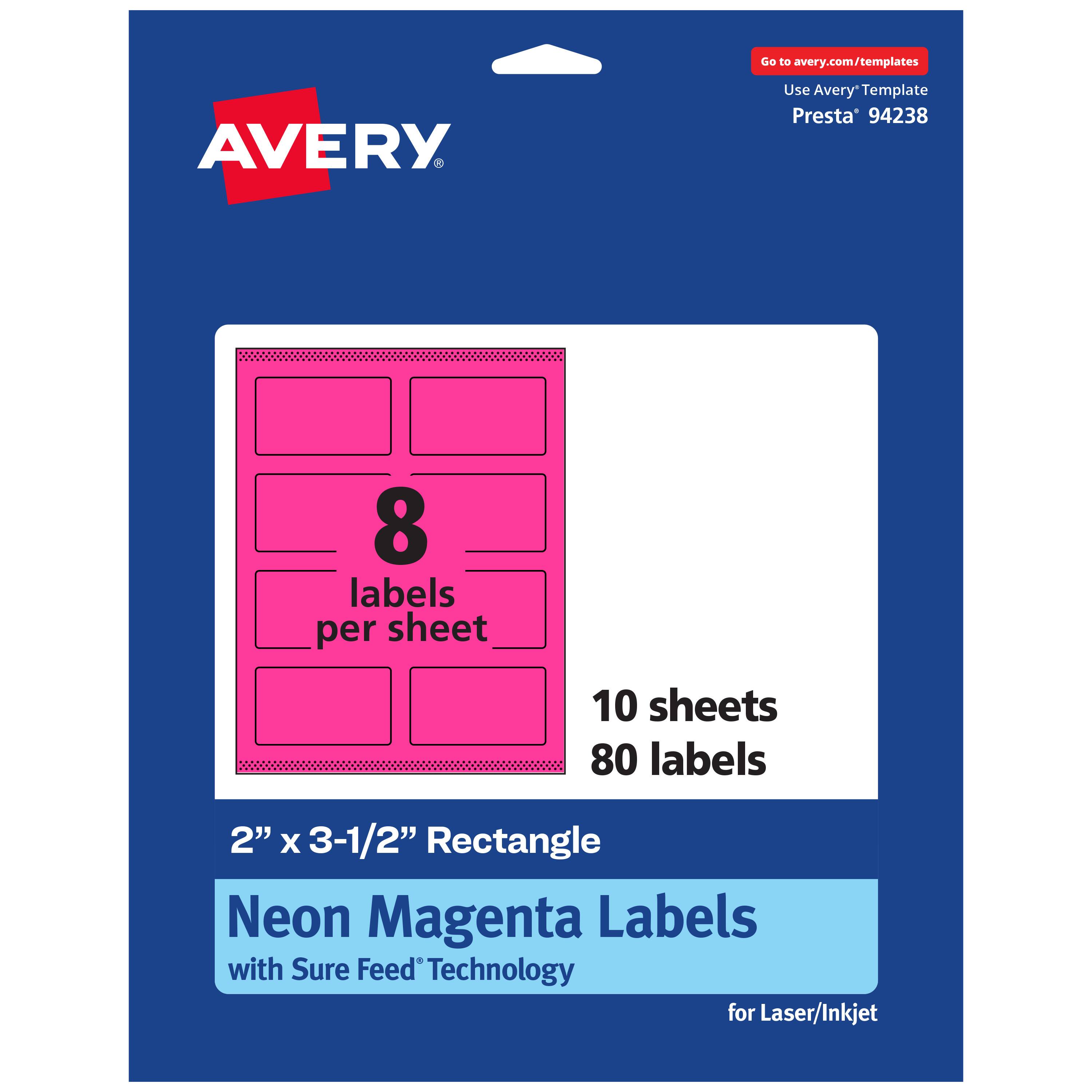 Go to avery.com/templates  
Use Avery Template Presta® 94238  

8 labels per sheet  
10 sheets  
80 labels  

2" x 3-1/2" Rectangle  
Neon Magenta Labels  
with Sure Feed® Technology  
for Laser/Inkjet