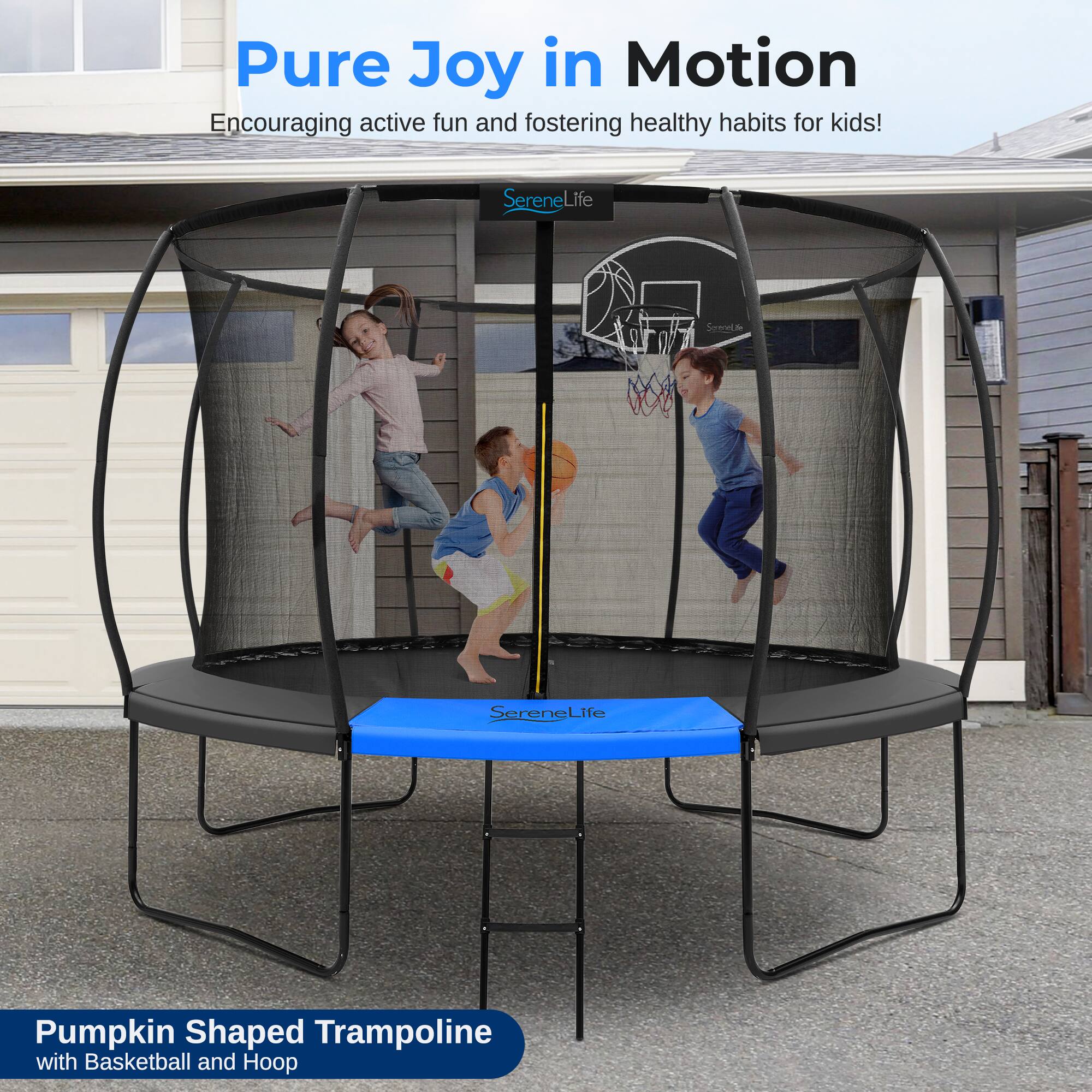 Pure Joy in Motion  
Encouraging active fun and fostering healthy habits for kids!  

SereneLife Pumpkin Shaped Trampoline with Basketball and Hoop