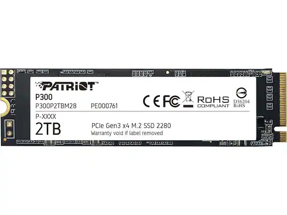 7 q 0889e 8a9898 TM PATRIOT P300 ROHS P300P2TBM28 PE000761 CEFC COMPLIANT RoHS D36204 P-XXXX PCle Gen3 x4 M.2 SSD 2280 2TB Warranty void if label removed
P300
P300P2TBM28
PE000761
P-XXXX
2TB
PCle Gen3 x4 M.2 SSD 2280
Warranty void if label removed
ROHS COMPLIANT
D36204 RoHS