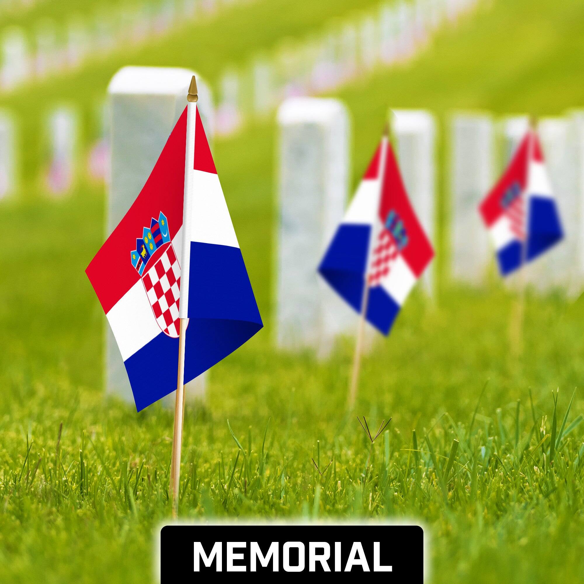 Back. G128 - 30-Pack Handheld Croatia Stick Flags, 12 x 18 in, 150D Polyester with Wooden Pole and Gold Spear Tip. - Assorted Colors.