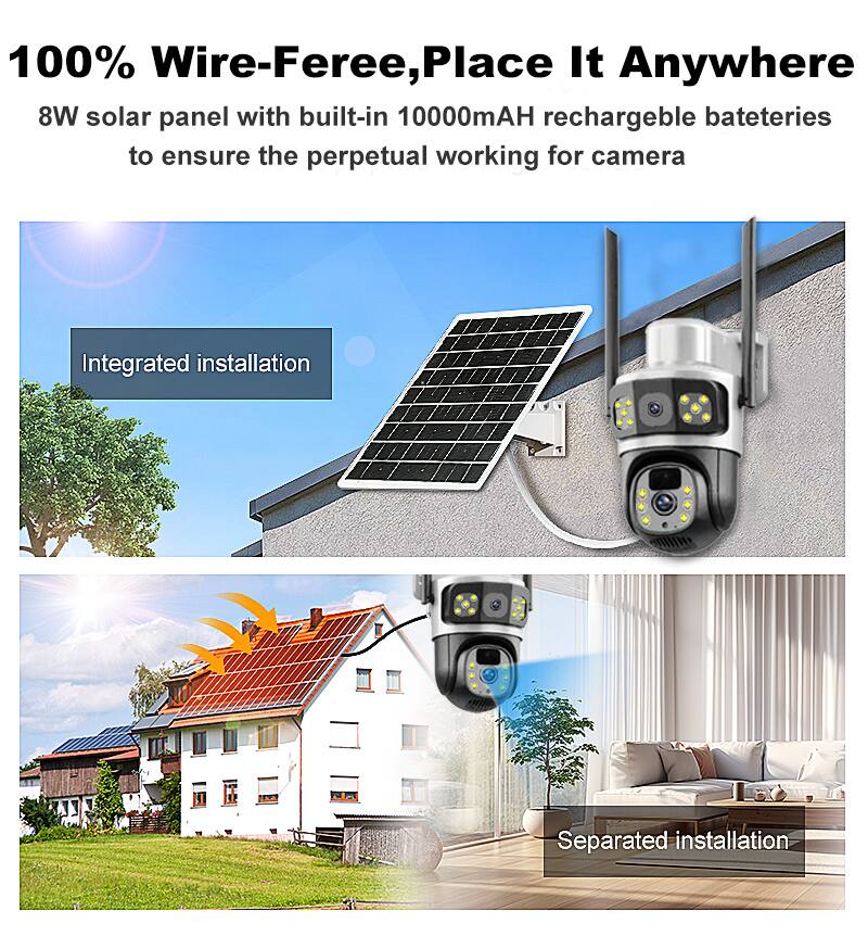 100% Wire-Free, Place It Anywhere

8W solar panel with built-in 10000mAH rechargeable batteries to ensure the perpetual working for camera

Integrated installation

Separated installation