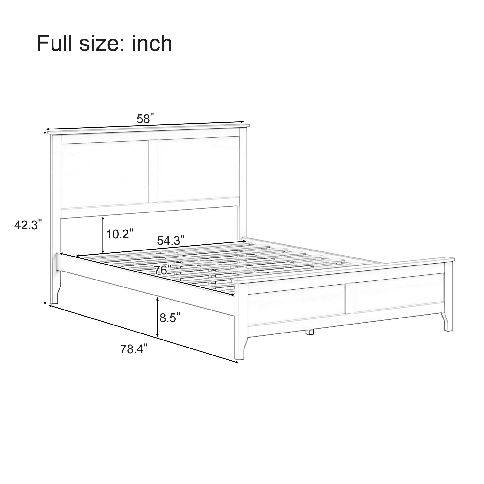 Full size: inch  
58" 42.3" 10.2" 54.3" 76" 8.5" 78.4"