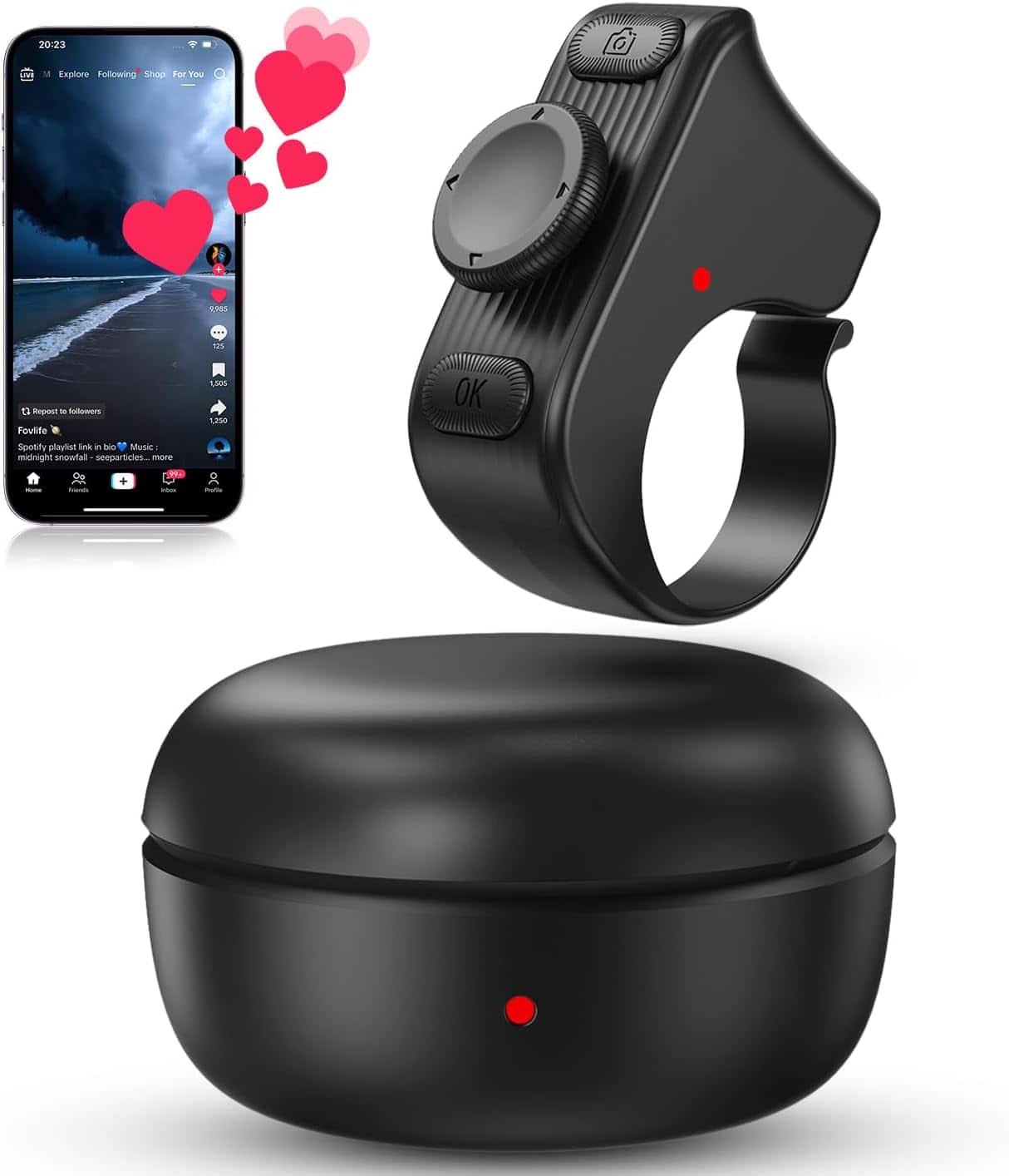 ACJPR - TikTok Scrolling Ring Remote – Bluetooth, Camera Shutter, Black, iOS/Android