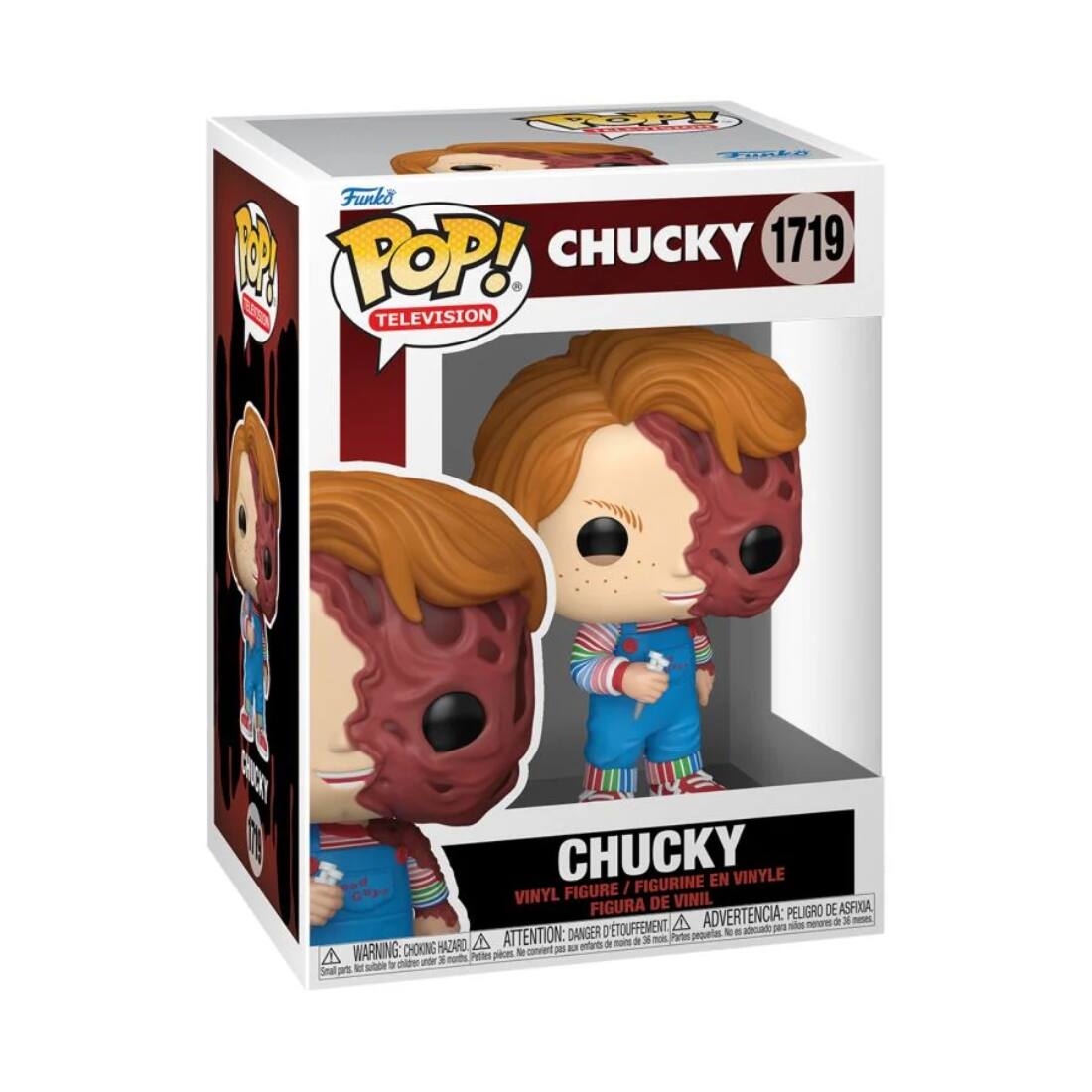 Sure, here is the corrected and grouped text from the image:

---

**Funko POP! TELEVISION**

**CHUCKY 1719**

**VINYL FIGURE / FIGURINE EN VINYLE / FIGURA DE VINIL**

**ADVERTENCIA: PELIGRO DE ASFIXIA / ATTENTION: DANGER DE TOUFFEMENT / WARNING: CHOKING HAZARD**

**Small parts. Not for children under 3 years.**

---

This text is organized to reflect the information on the packaging.