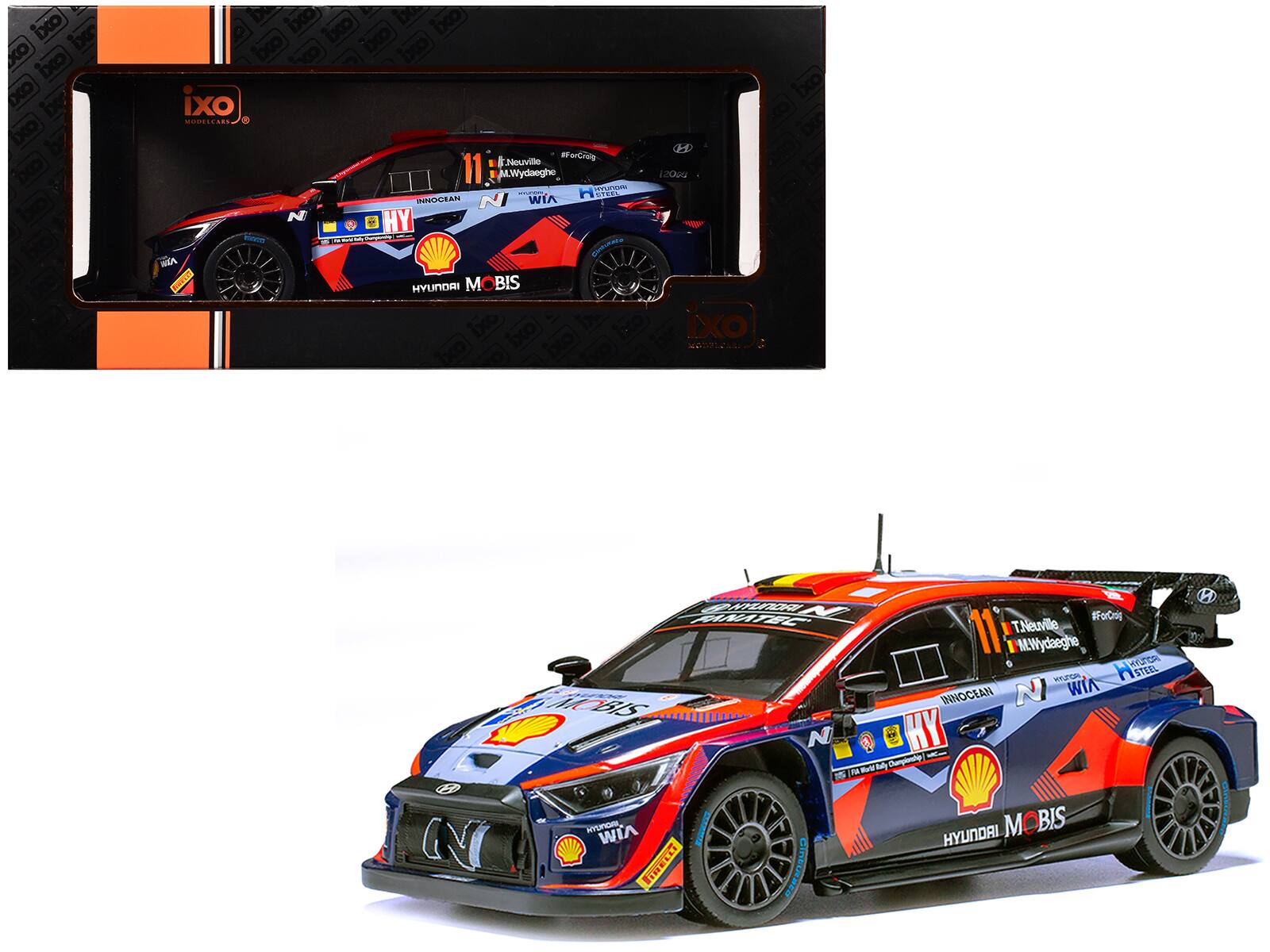 Sure, here is the corrected and grouped text from the image:

---

**Top Left:**
- ixo
- MODELCARS

**Car Details:**
- 11
- T.Neuville
- M.Wydaeghe
- #ForCrat
- HYUNDAI MOBIS
- INNOCEAN
- HYUNDAI STEEL
- Shell
- WIA
- Hyundai
- Hyundai Motorsport
- Hyundai Steel
- Hyundai MOBIS
- INNOCEAN
- WIA
- Shell
- Hyundai
- Hyundai Motorsport
- Hyundai Steel
- Hyundai MOBIS
- INNOCEAN
- WIA
- Shell

**Bottom Right:**
- ixo
- MODELCARS

---