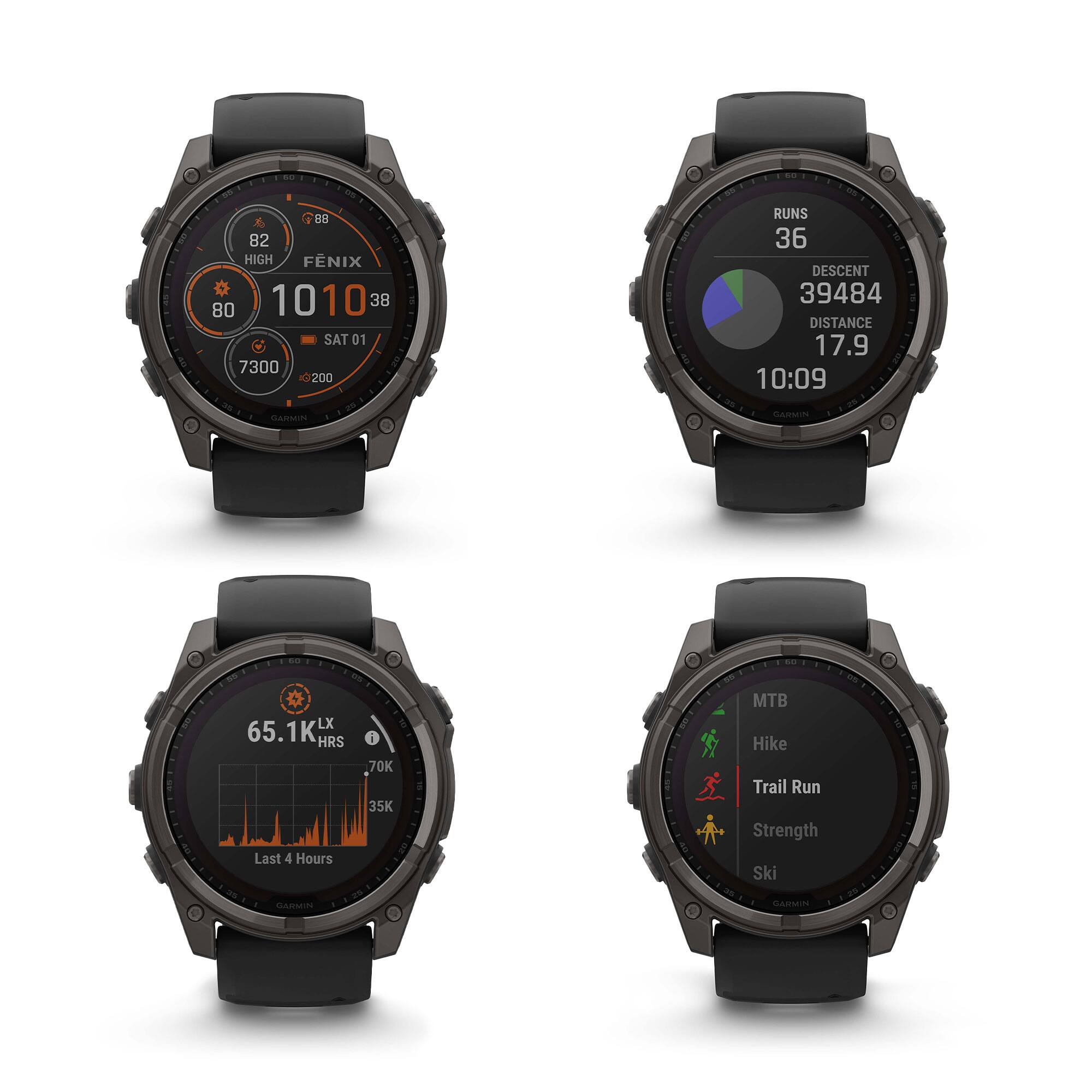 82 HIGH  
FENIX 80  
1010 38  
SAT 01  
7300 200  
RUNS 36  
DESCENT 39484  
DISTANCE 17.9  
10:09  
CARMIN CAMN LX  
65.1K HRS  
Last 4 Hours  
CARMEIN i  
70K 35K  
MTB Hike  
Trail Run  
Strength Ski  
GARMIN