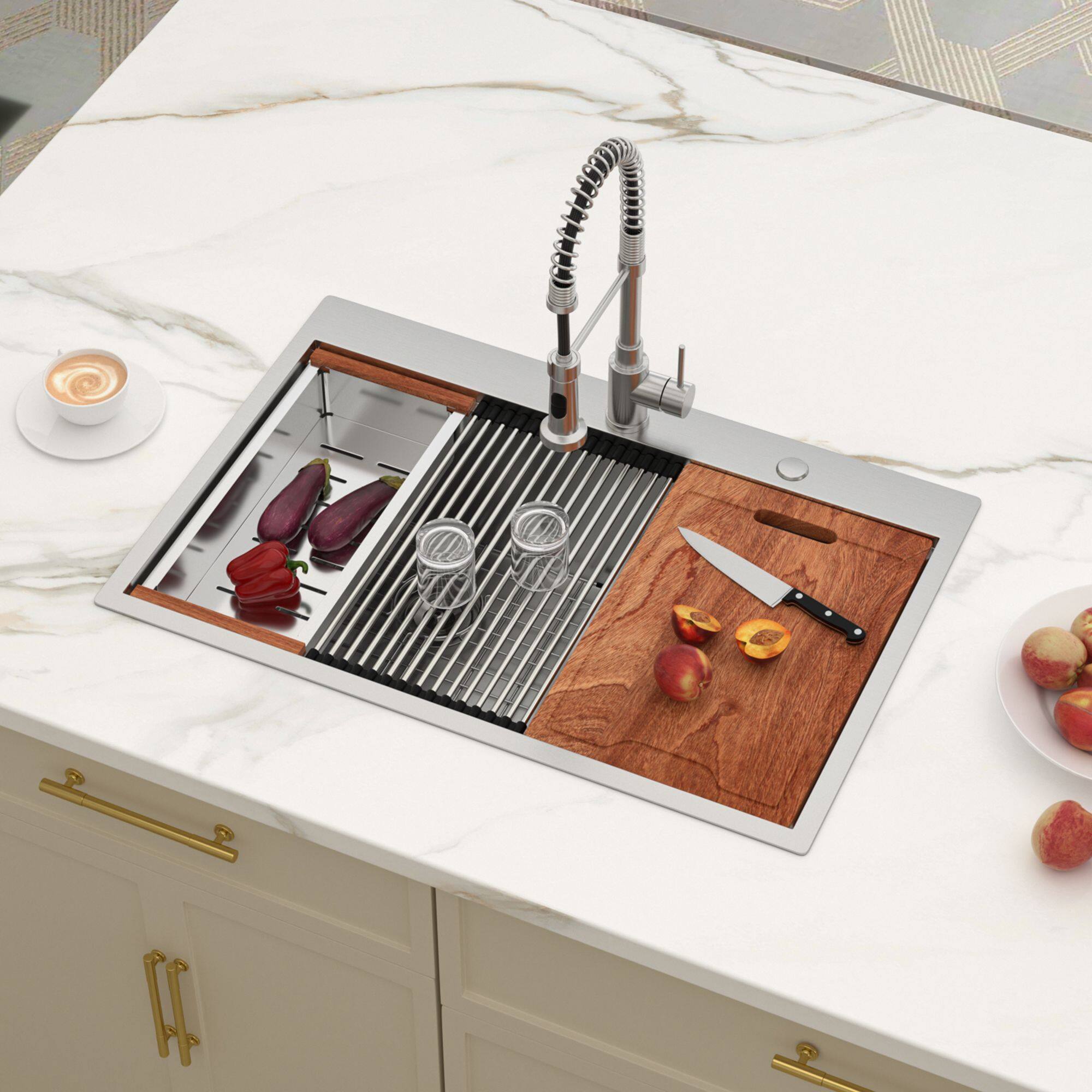 Left. Lordear - 36"x 22" x 10" Double Bowl (60/40)Topmount Drop in Kitchen Sink 16 Gauge with Two 10" Deep Basin - Stainless steel.