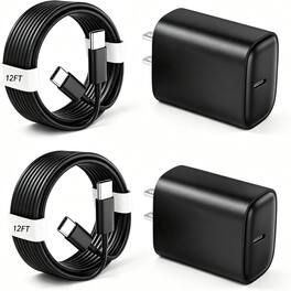 Bundle - Core Tech - 2-Pack 20W USB-C Fast Charger Blocks with 2 12 ft USB-C Cables for iPhone 18/17/16/15 - Black - Black