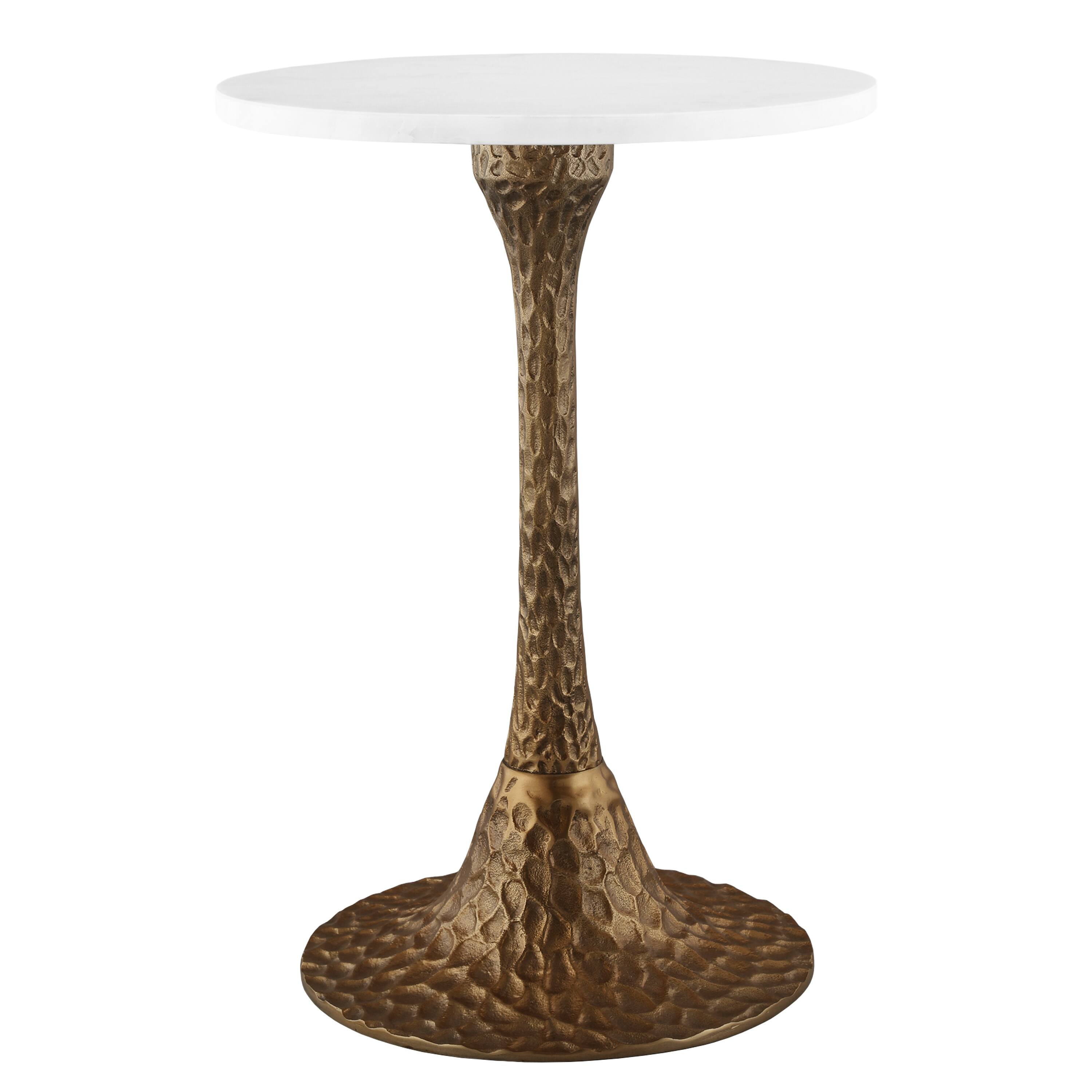 Alt View 2. Manhattan Lane - Accent Side Table, 14.5 Inch Round White Marble Top, Antique Brass Hammered Pedestal Base - Antique Brass, White.