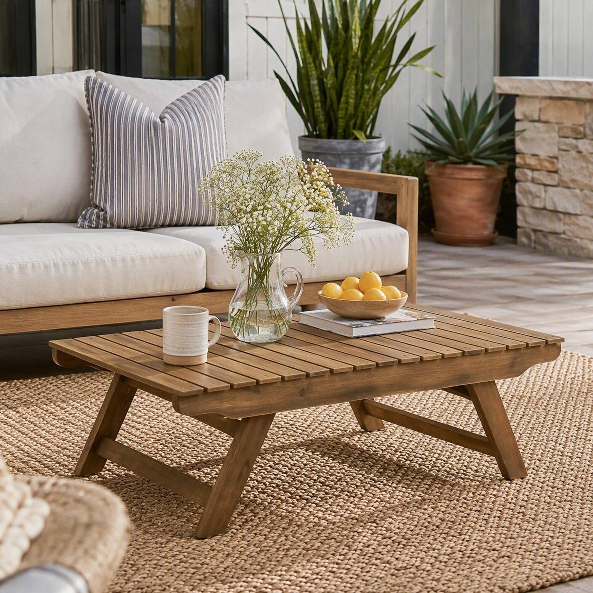 Left. RYHNUYNE - Natural Brown Solid Wood Outdoor Coffee Table, Slatted Tabletop Patio Low Table for Garden Backyard Deck Porch - Grey.