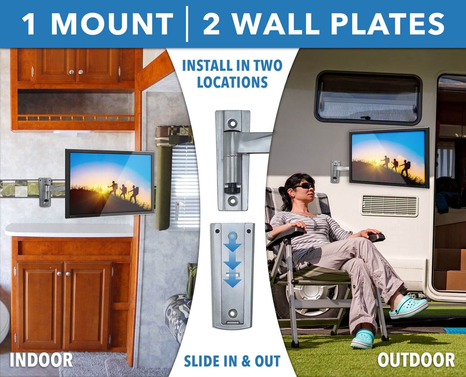 1 MOUNT | 2 WALL PLATES

INSTALL IN TWO LOCATIONS

INDOOR

SLIDE IN & OUT

OUTDOOR