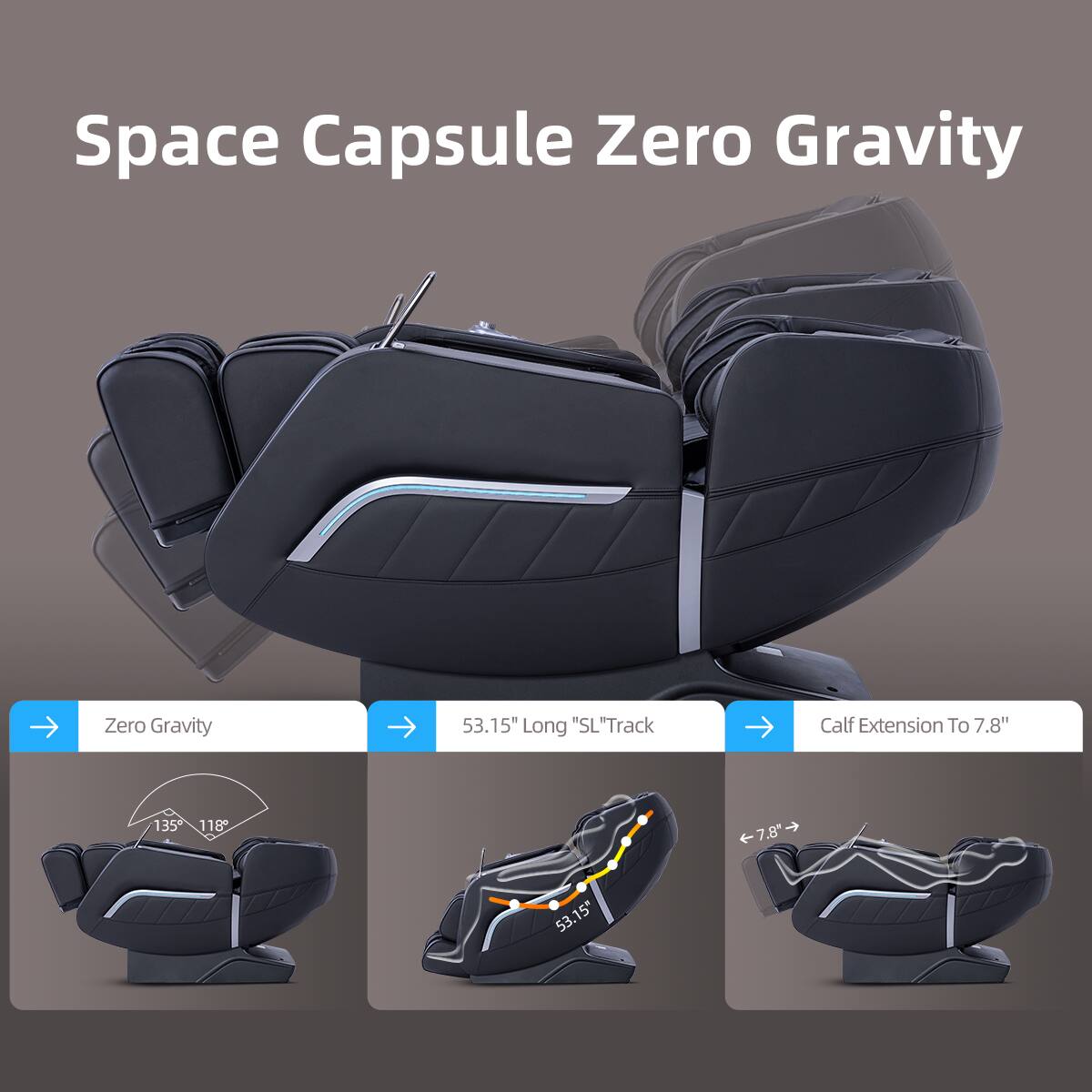 Space Capsule Zero Gravity, Zero Gravity, 53.15" Long "SL" Track, Calf Extension To 7.8", 135, 118, <-7,8", 53.15"