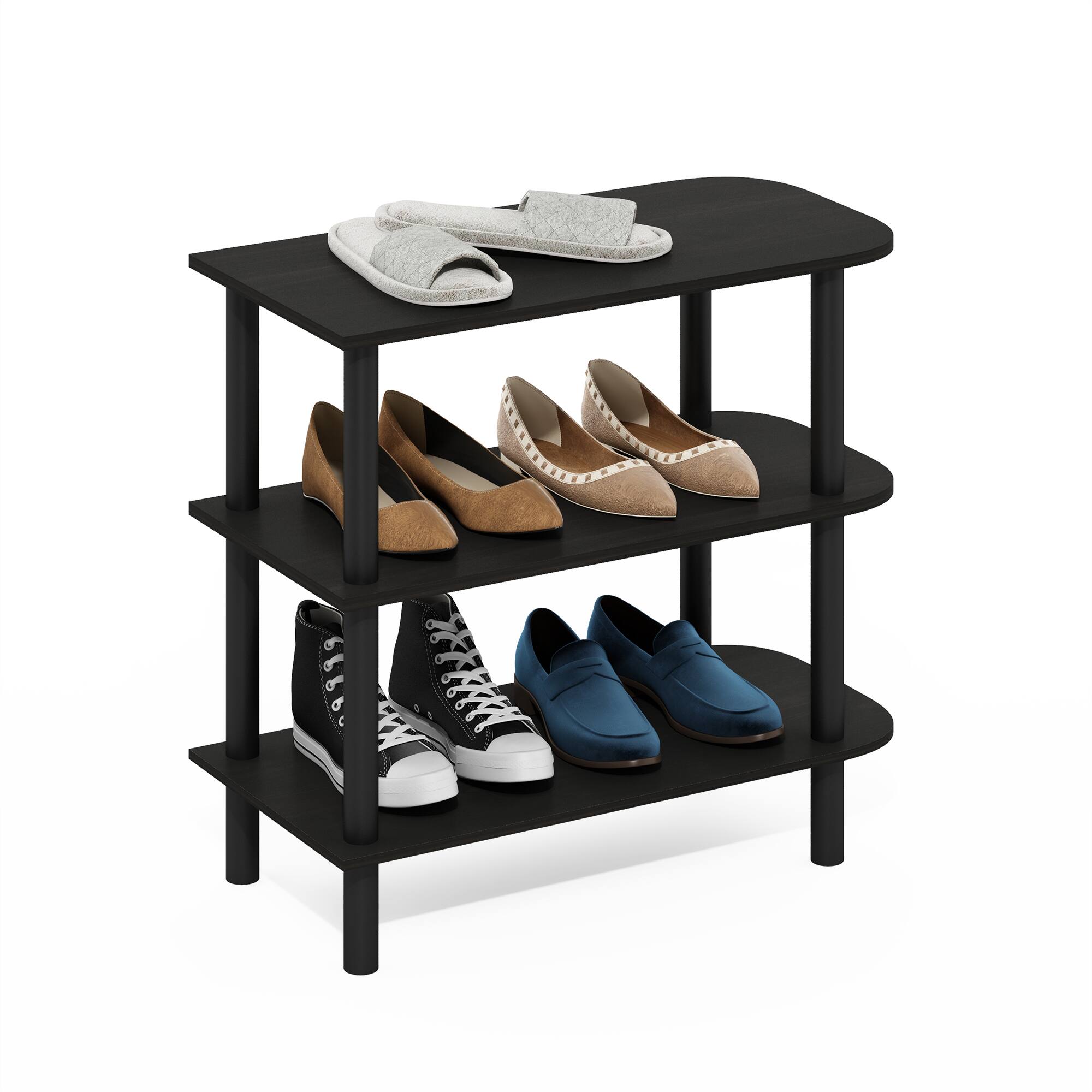 Alt View 3. Furinno - Turn-N-Tube 26-Inch 3-Tier Curved Freestanding Shoe Rack Storage Organizer - Espresso/Black.