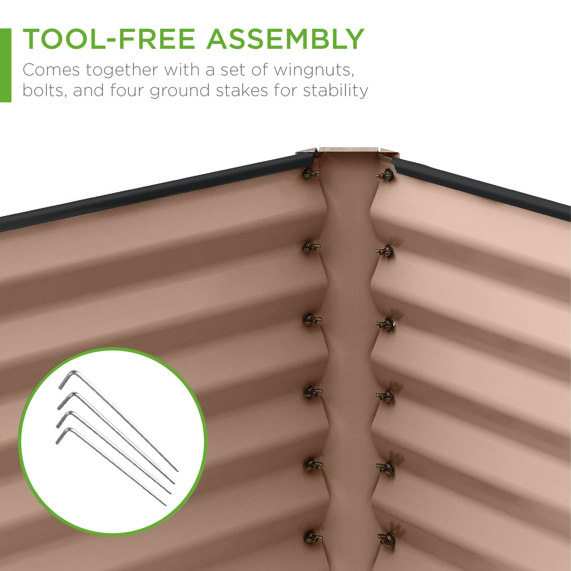 TOOL-FREE ASSEMBLY  
Comes together with a set of wingnuts, bolts, and four ground stakes for stability