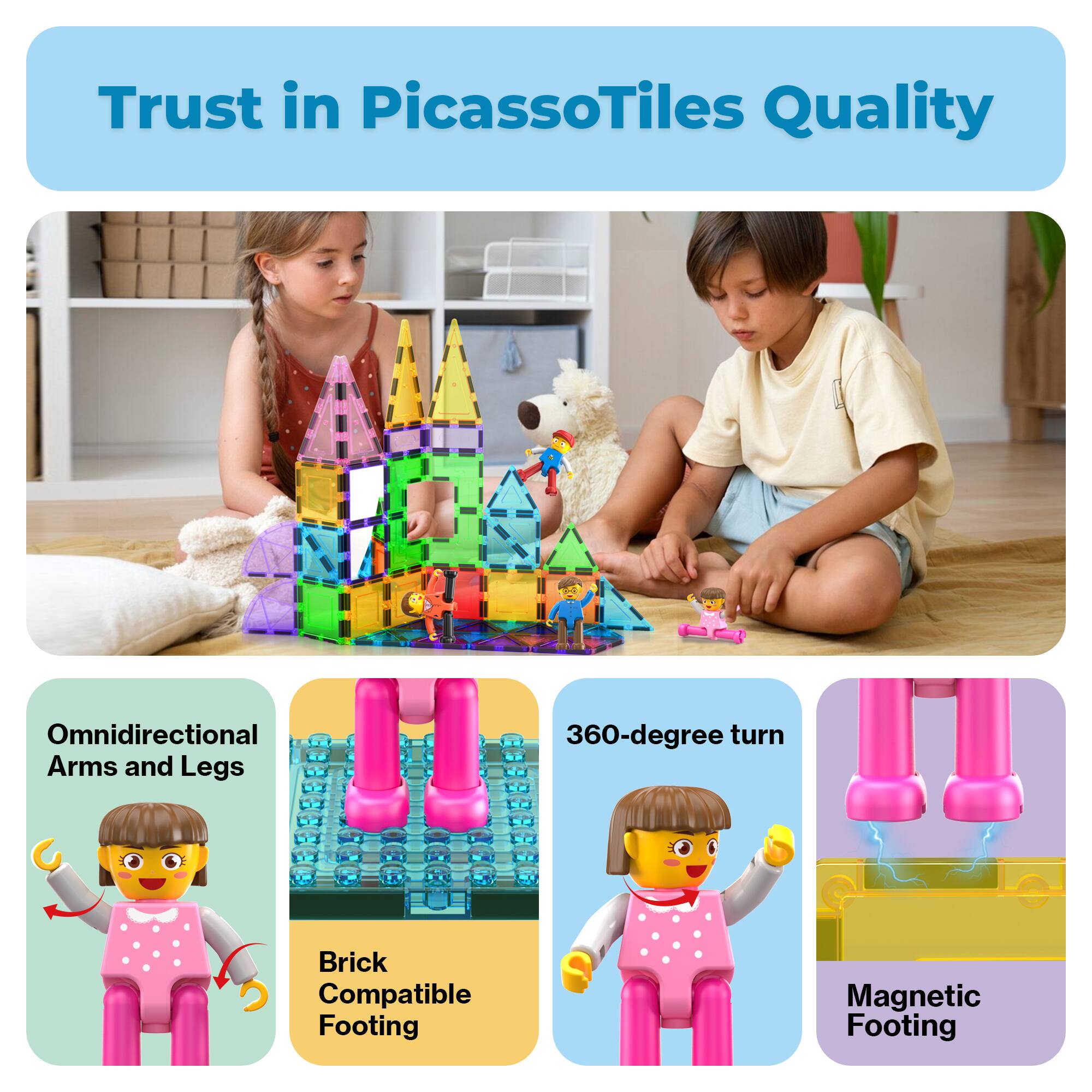 Trust in PicassoTiles Quality

- Omnidirectional Arms and Legs
- 360-degree turn
- Brick Compatible Footing
- Magnetic Footing