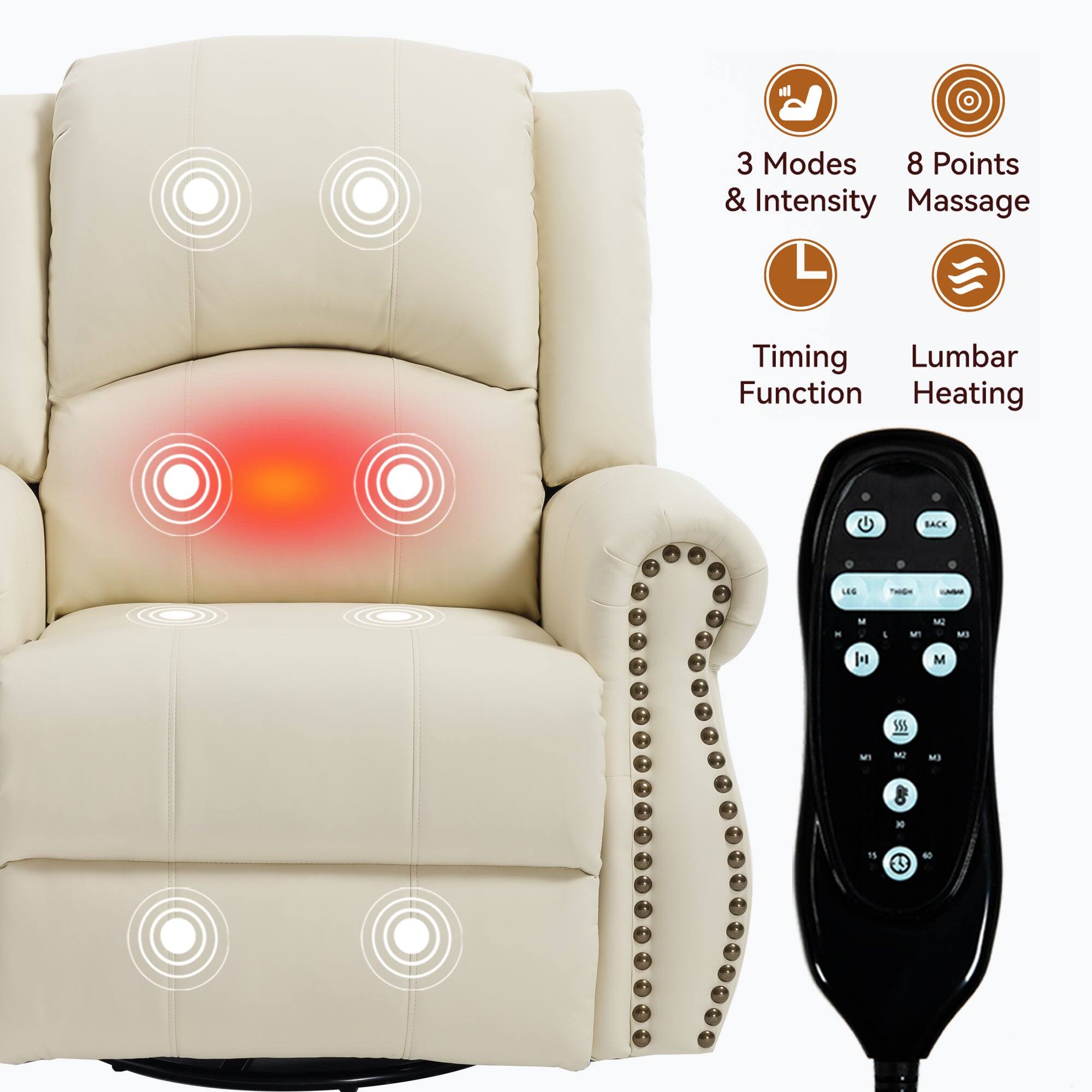 3 Modes & Intensity  
8 Points Massage  
Timing Function  
Lumbar Heating