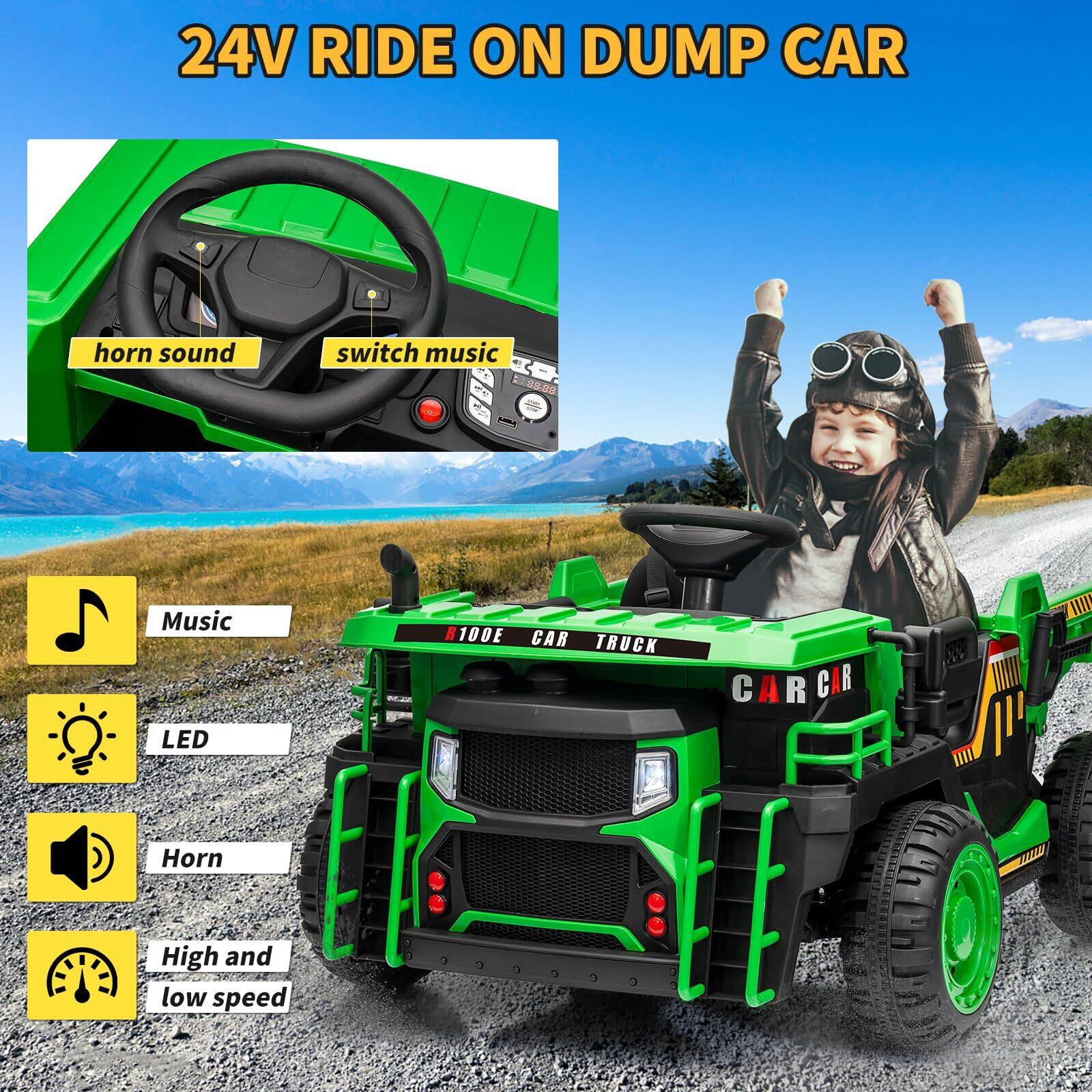 24V RIDE ON DUMP CAR

- horn sound
- switch music

Music
LED
Horn
High and low speed

R100E CAR TRUCK
CAR CAR
