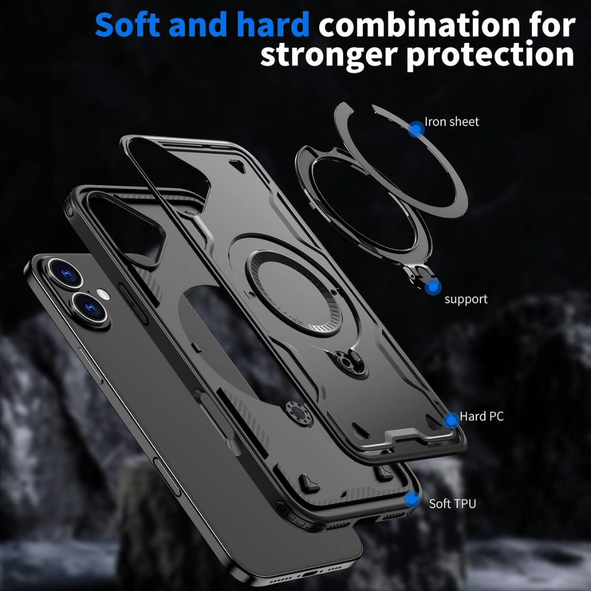 Soft and hard combination for stronger protection

Iron sheet support
Hard PC
Soft TPU