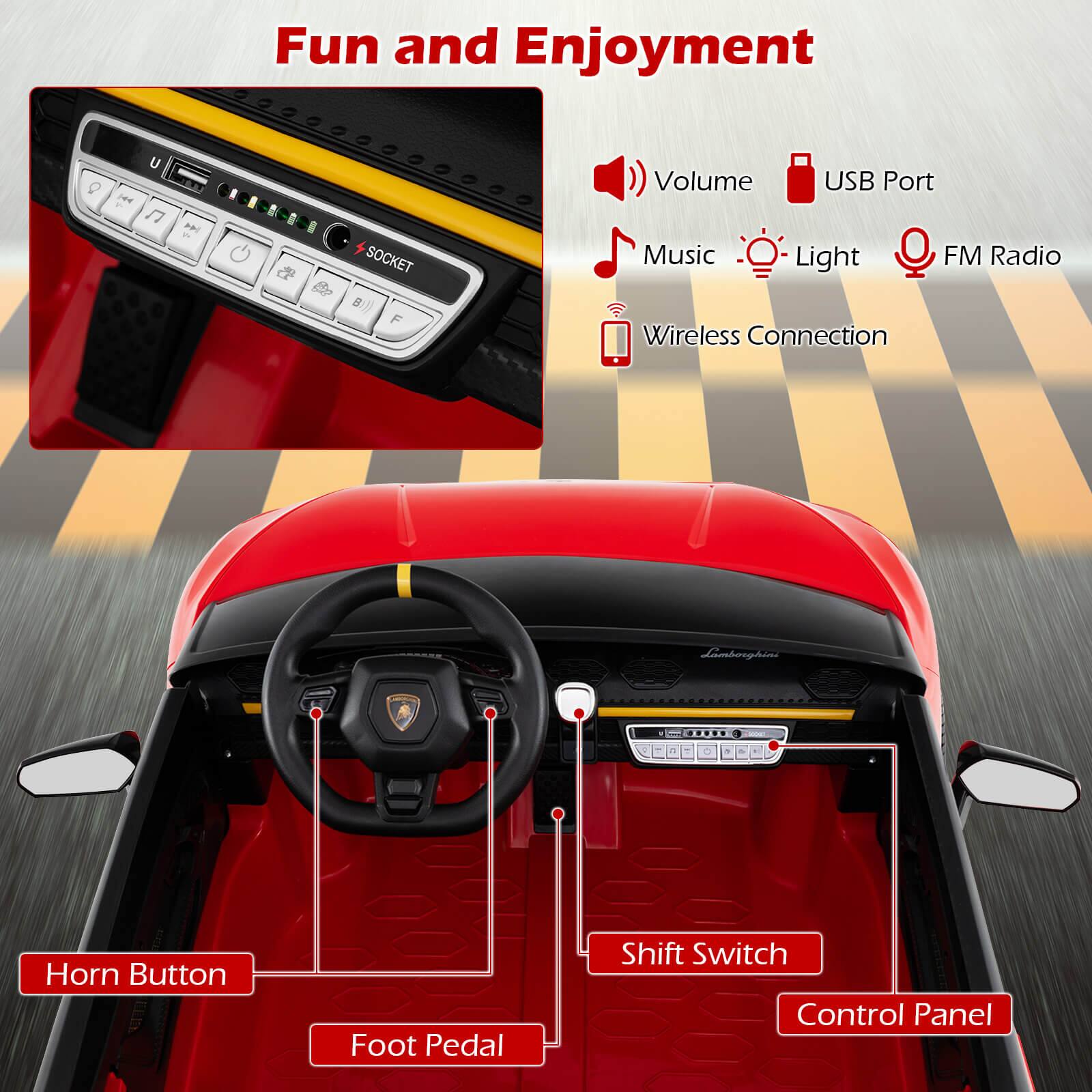 Fun and Enjoyment

- Volume
- USB Port
- Music
- Light
- FM Radio
- Wireless Connection

- Horn Button
- Foot Pedal
- Shift Switch
- Control Panel