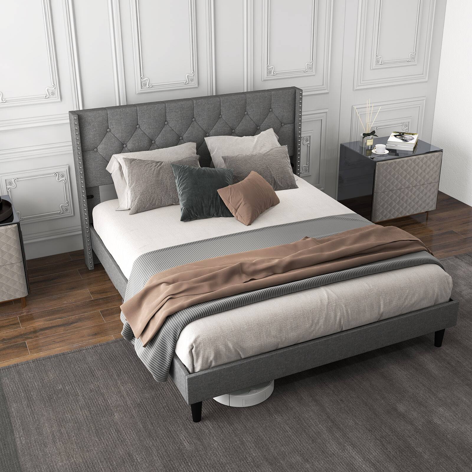 Alt View 7. Ecooso - Queen Size Upholstered Platform Bed with Button Tufted Headboard - Gray.