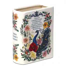 G128 - Book-Shaped Decorative Vase Peacock Pattern | Ceramic Flower Vase Home Decor for Table Desk Office - White