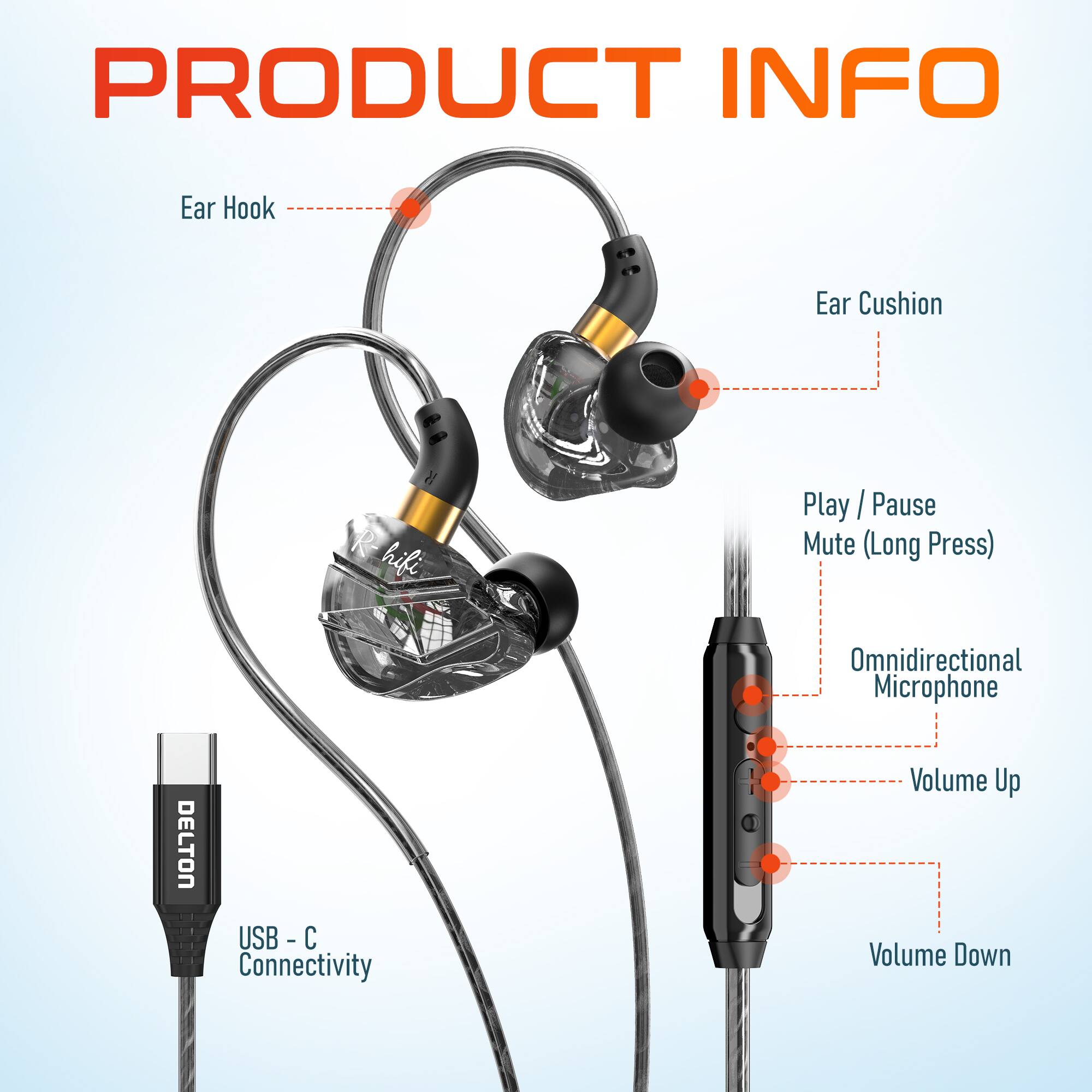 PRODUCT INFO

- Ear Hook
- Ear Cushion
- Play / Pause
- Mute (Long Press)
- Omnidirectional Microphone
- Volume Up
- Volume Down
- USB - C Connectivity