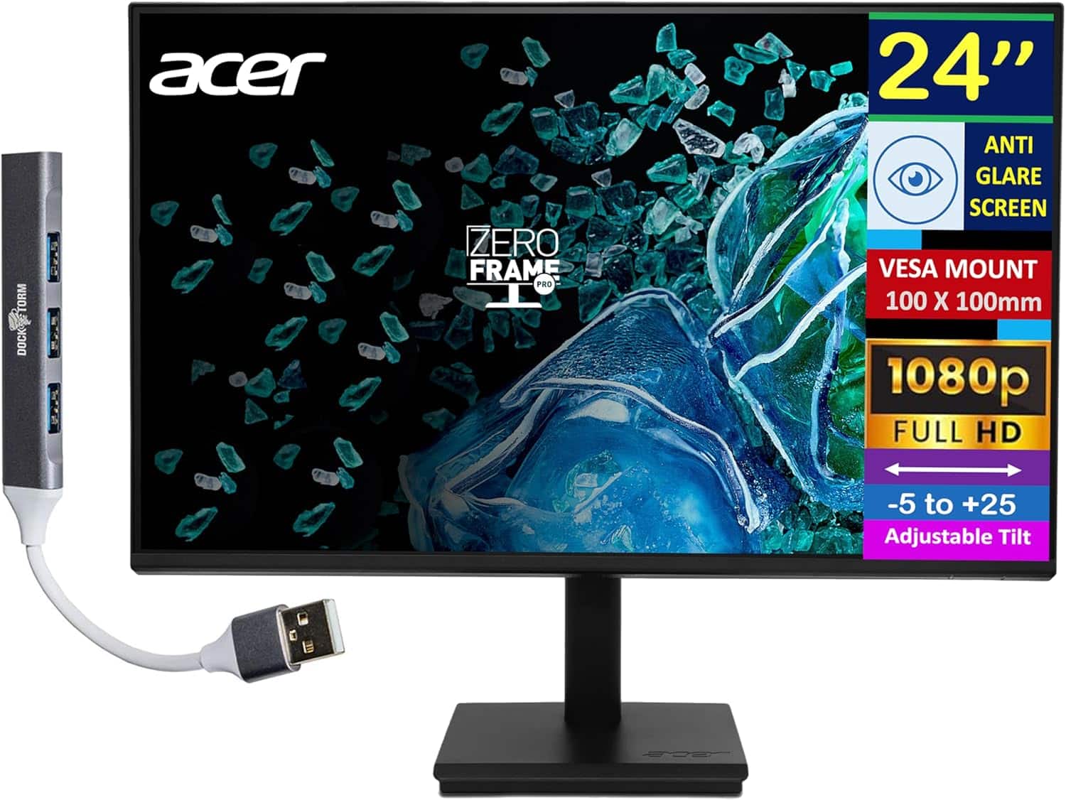 Acer - 24" FHD IPS Monitor with 4ms Response Time, Anti Glare, VESA Mount (100 x 100mm), HDMI, VGA & DKZ Hub, Color - Black