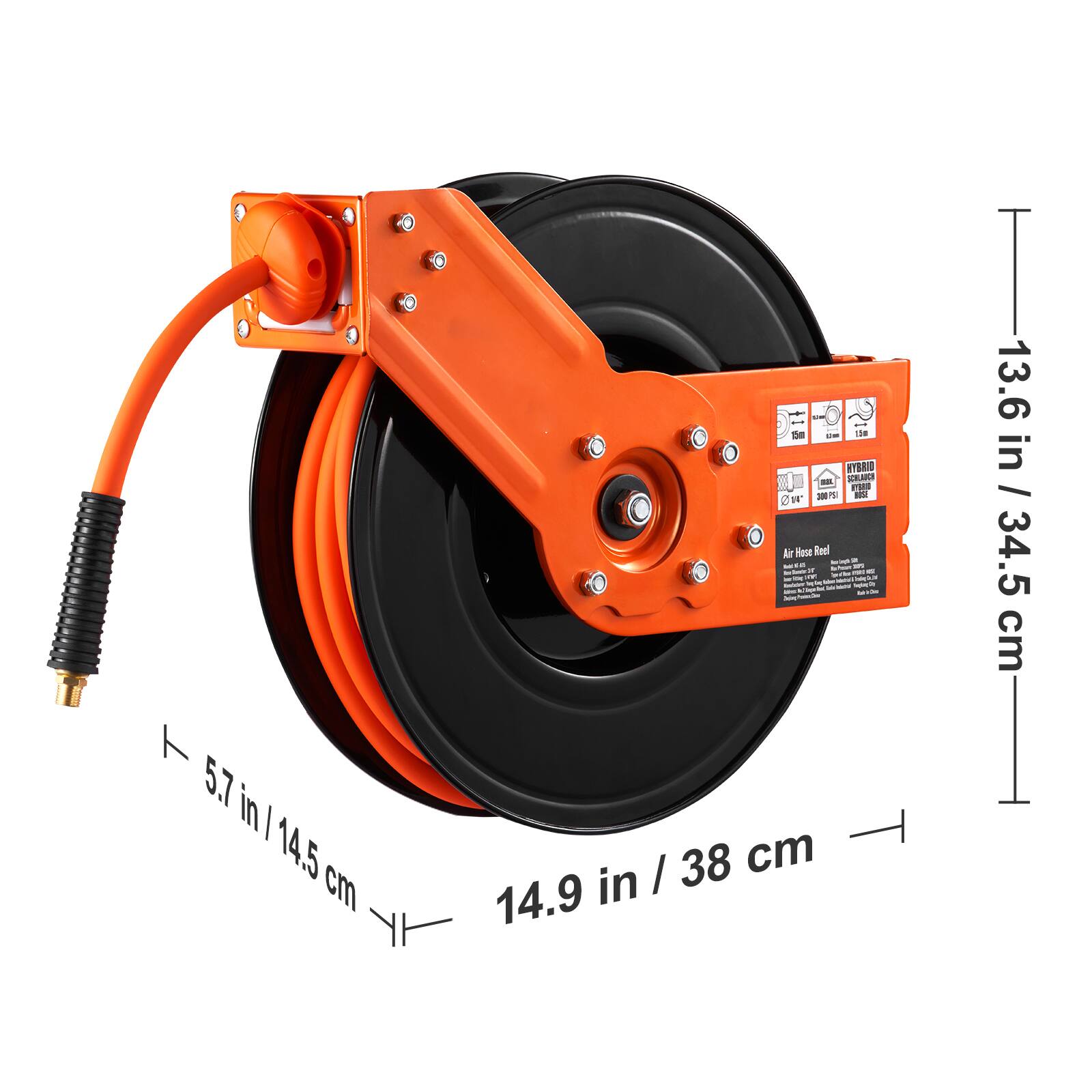 5.7 in / 14.5 cm  
Diameter: 14.9 in / 38 cm  
Height: 13.6 in / 34.5 cm  

Dm - Lim HYBRID  
SCRLAICE i D 200  
D Ar Honer Reel  

Air Hose Reel