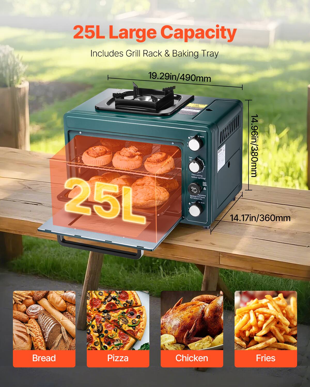 25L Large Capacity  
Includes Grill Rack & Baking Tray  
19.29in/490mm  
14.96in/380mm  
14.17in/360mm  

Bread  
Pizza  
Chicken  
Fries