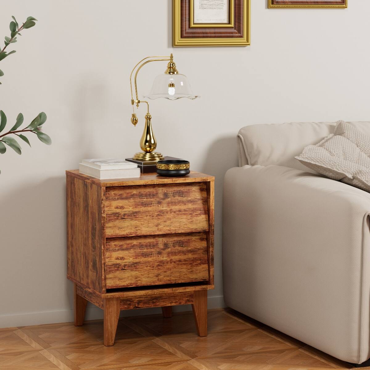 Left. Loheer - Loheer 2 Piece Nightstand Set, Mid Century Modern Brown MDF Bedroom Tables - Brown.