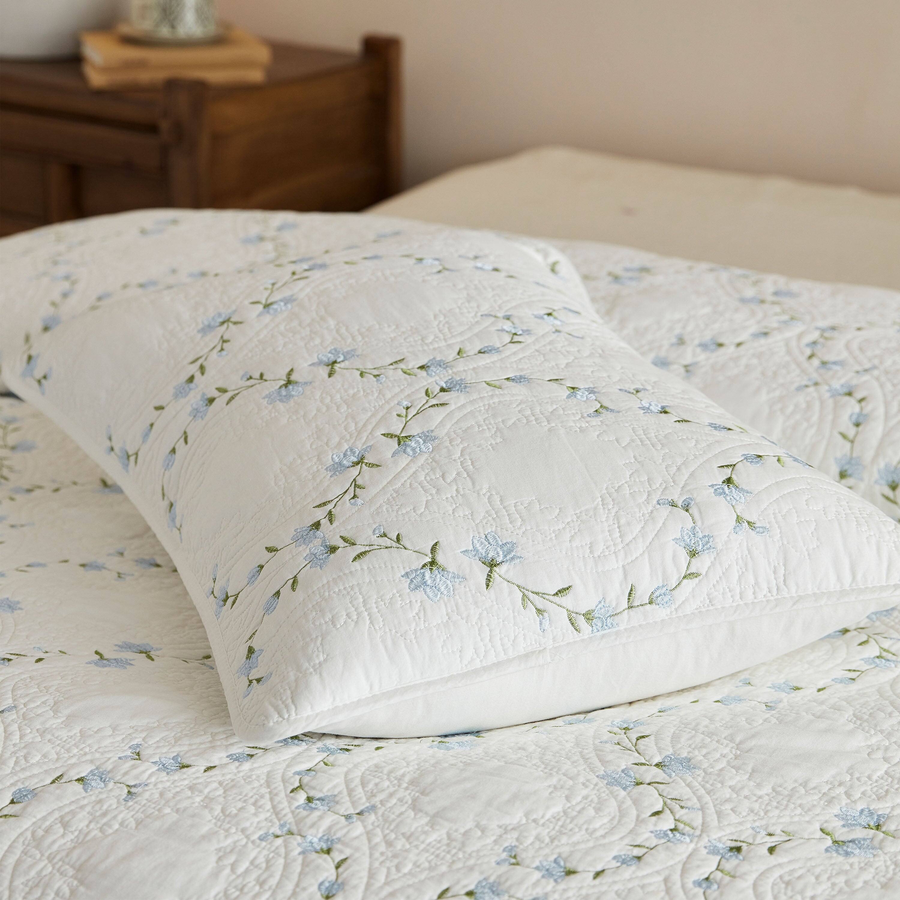 Left. MarCielo - MarCielo 3 Piece Cotton Embroidered Floral Quilt Set – Vintage Farmhouse Bedspread Set - Soft Blue Floral.
