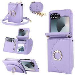 Dteck - for Samsung Galaxy Z Flip6/7 FE Crossbody Wallet Case,Shockproof Faux Leather Card Holder Hinge Cover Bulit in Grip RIng - Lightpurple