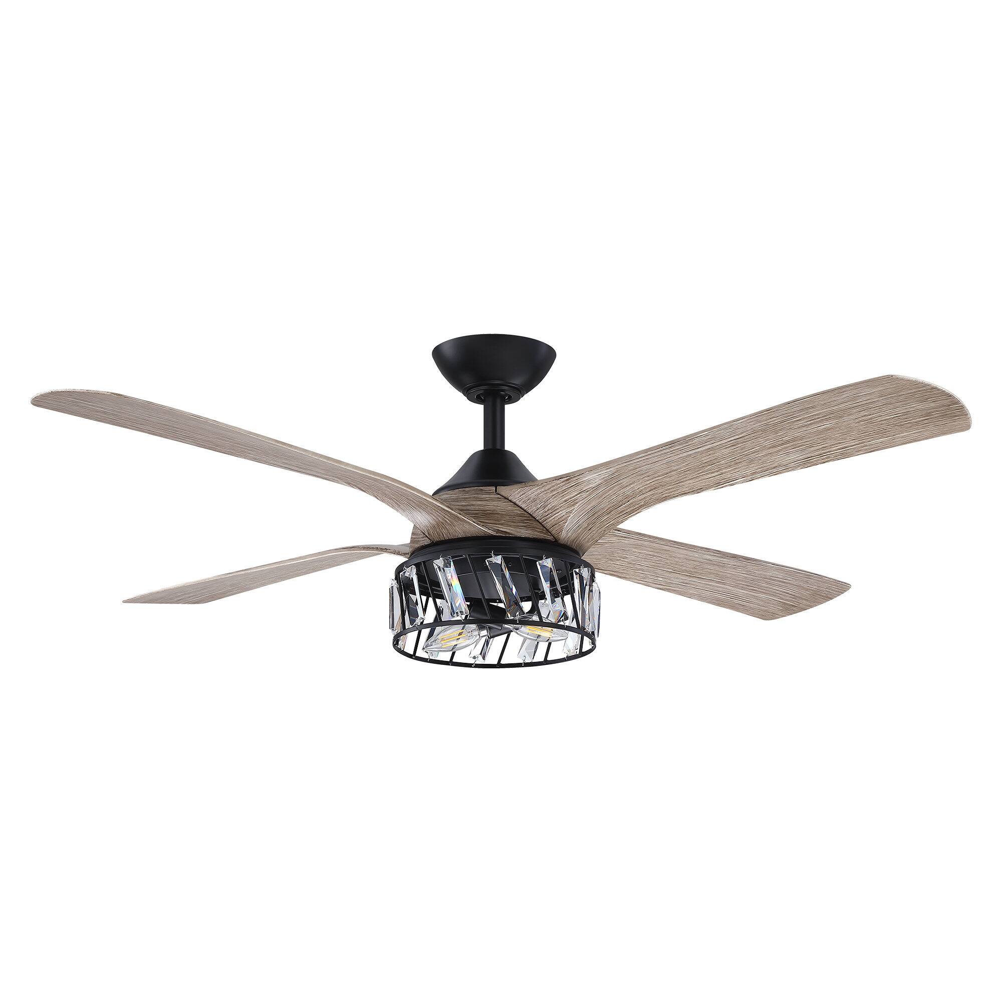 Back. Parrot Uncle - 52" Farmhouse ABS 4-Blade Indoor Crystal Ceiling Fan with Remote - Black.