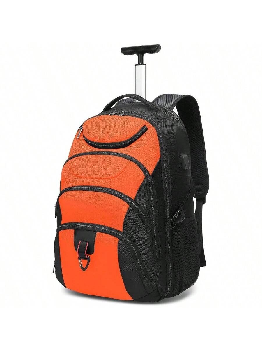 Front. Live At Space - Rolling Backpack, 17 inch Resistant Wheeled Carry on Luggage Business Bag, Overnight College Computer bag Trolley Men - 17.3 + Orange.