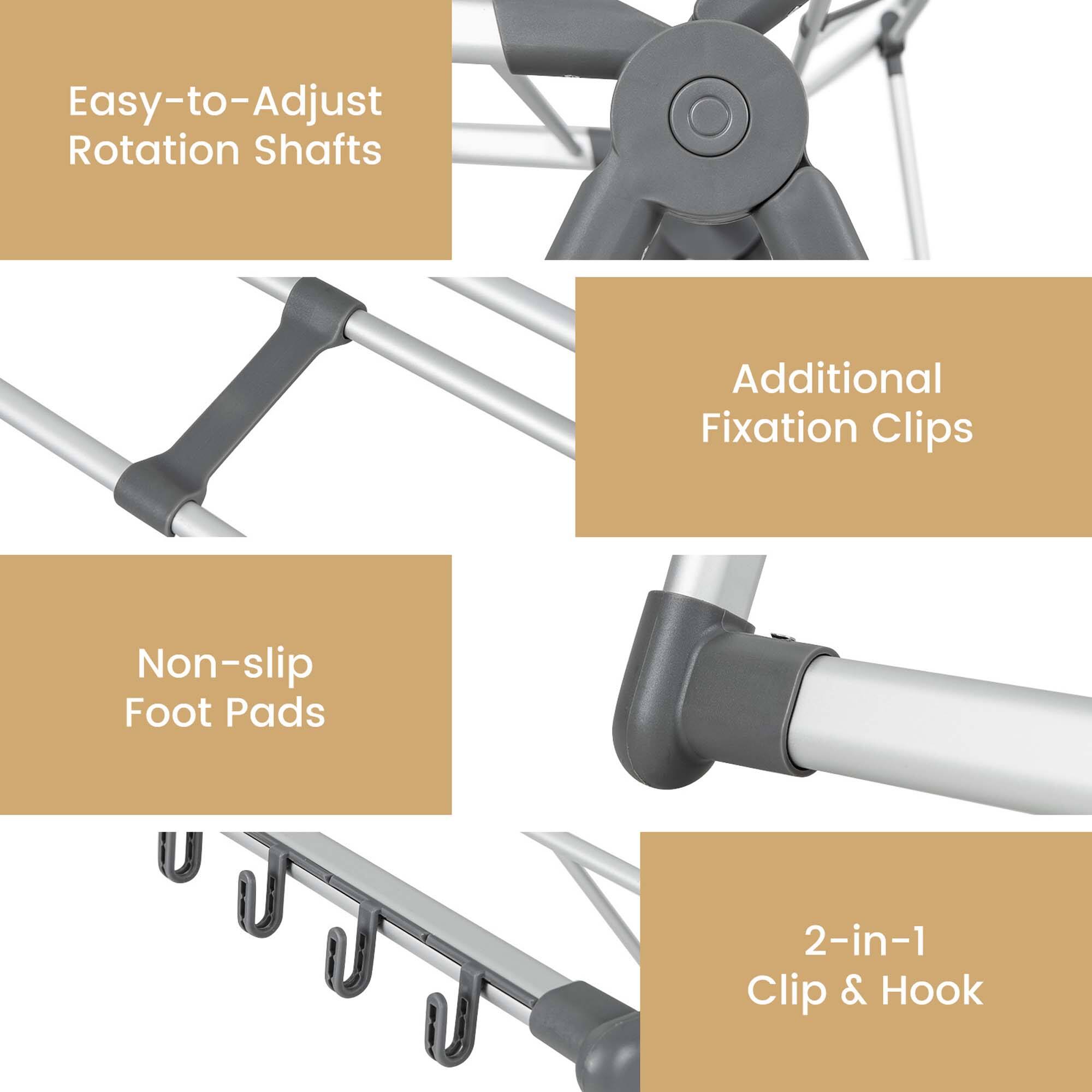 Easy-to-Adjust Rotation Shafts, Additional Fixation Clips, Non-slip Foot Pads, 2-in-1 Clip & Hook