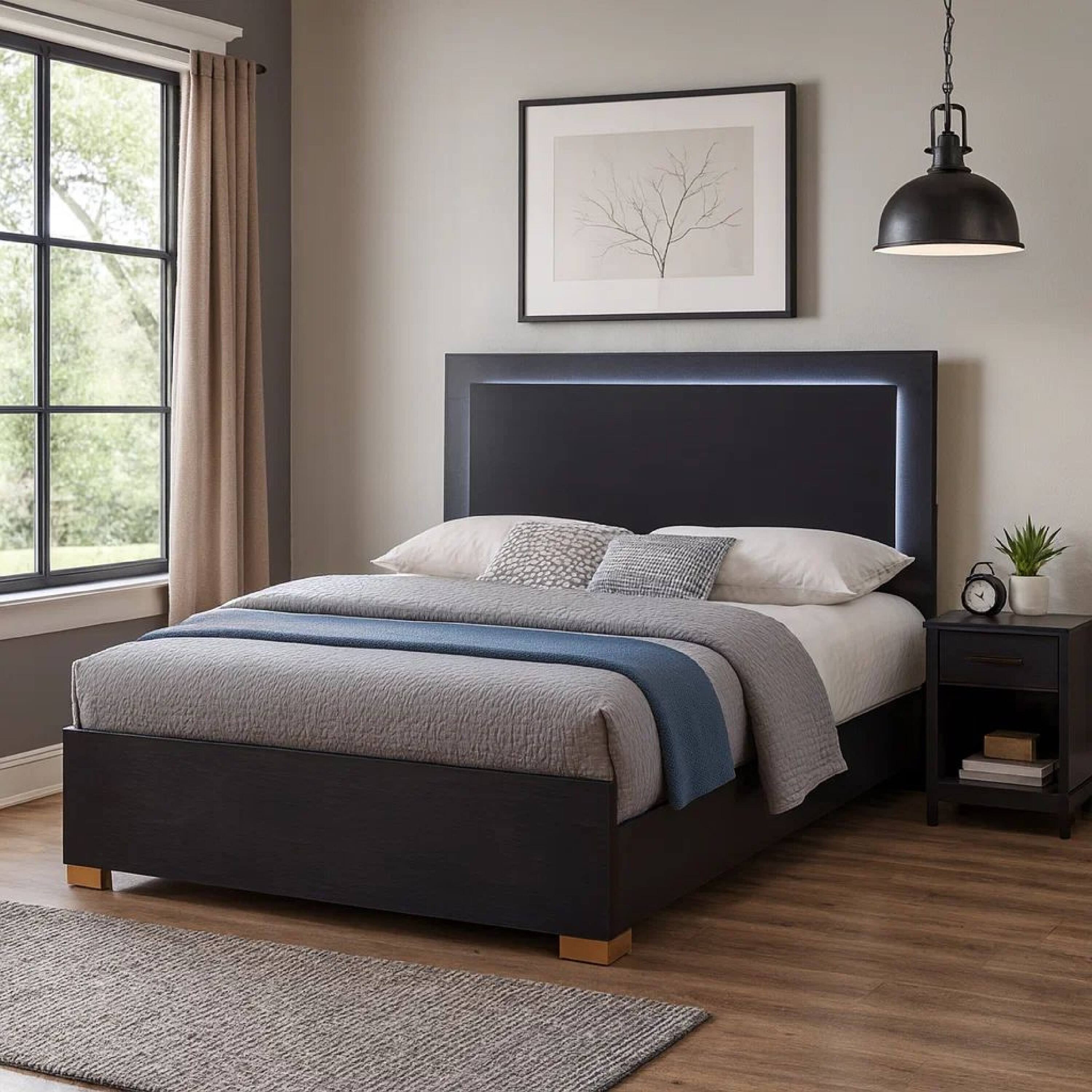 Alt View 5. Manhattan Lane - Dex Platform Queen Bed, Panel LED Headboard, Black Wood Melamine Finish - Black, Gold.