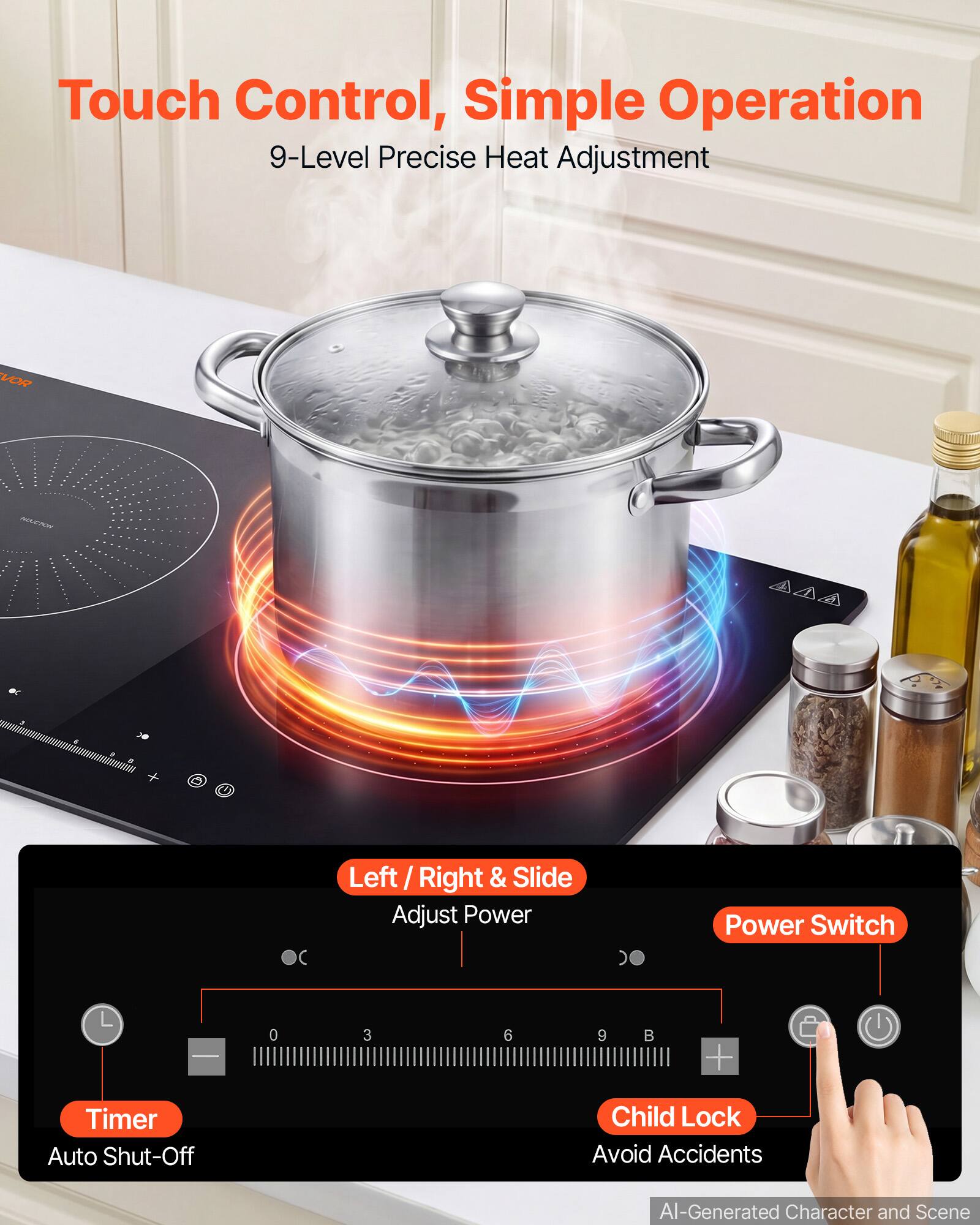 Touch Control, Simple Operation  
9-Level Precise Heat Adjustment  

Left / Right & Slide Adjust Power  
Power Switch  

Timer Auto Shut-Off  
Child Lock Avoid Accidents  

AI-Generated Character and Scene