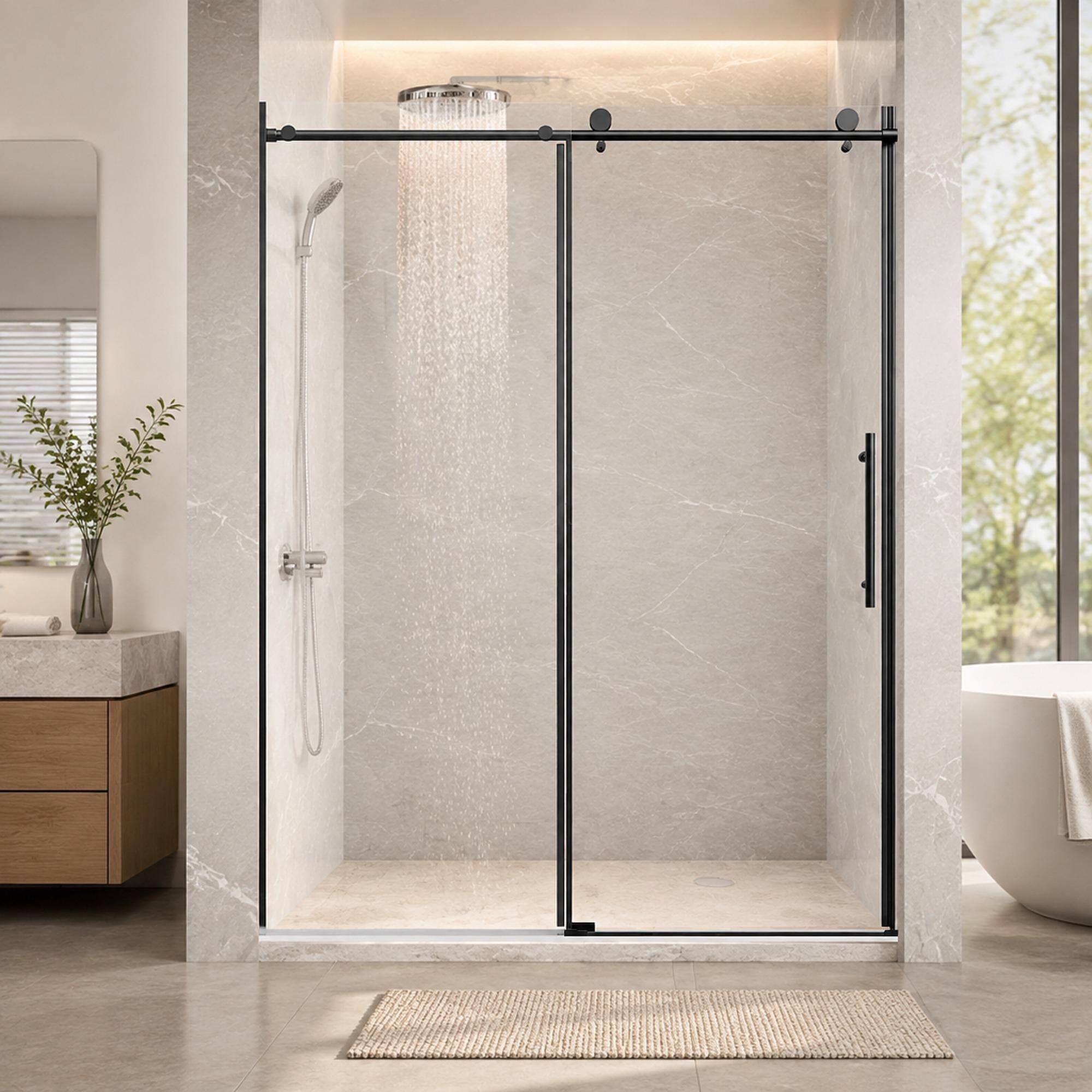 Front. RYHNUYNE - 56-60" W X 76" H Frameless Single Sliding Shower Door With 1/4" Tempered Glass, Matte Black - Black.