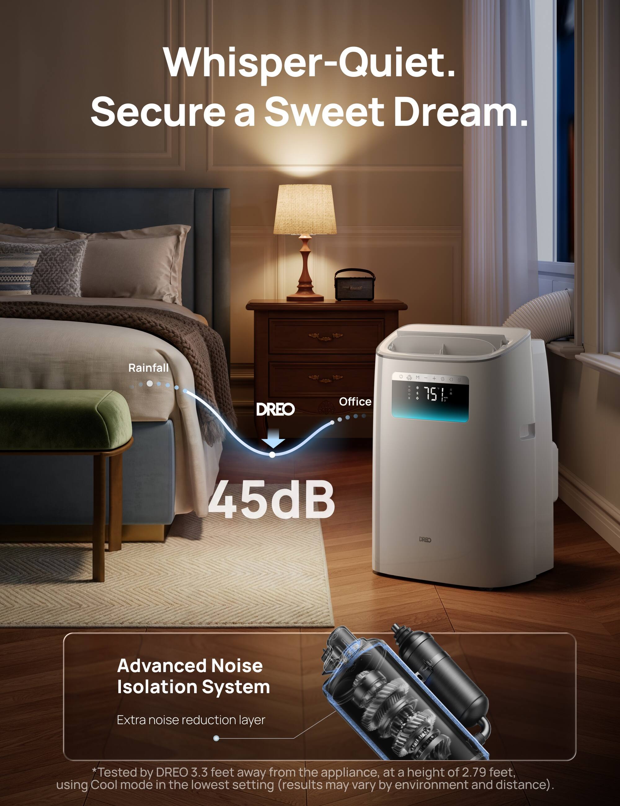 Whisper-Quiet.  
Secure a Sweet Dream.  

Rainfall DREO Office 15  
45dB  

Advanced Noise Isolation System  
Extra noise reduction layer  

*Tested by DREO 3.3 feet away from the appliance, at a height of 2.79 feet, using Cool mode in the lowest setting (results may vary by environment and distance).