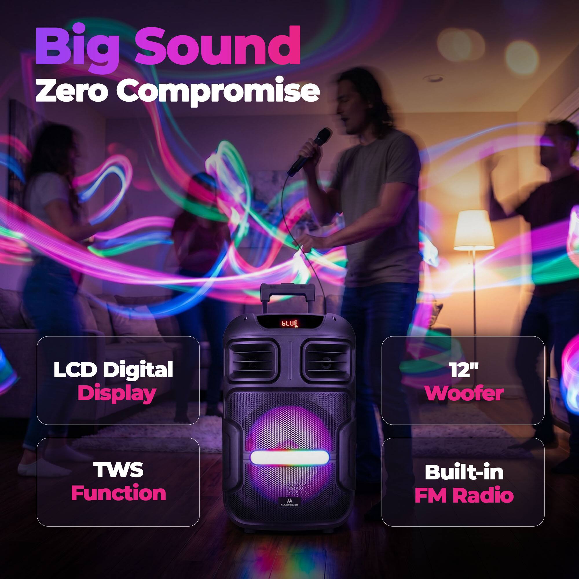 Big Sound Zero Compromise

- BLUE LCD Digital Display
- 12" Woofer
- TWS Function
- Built-in FM Radio