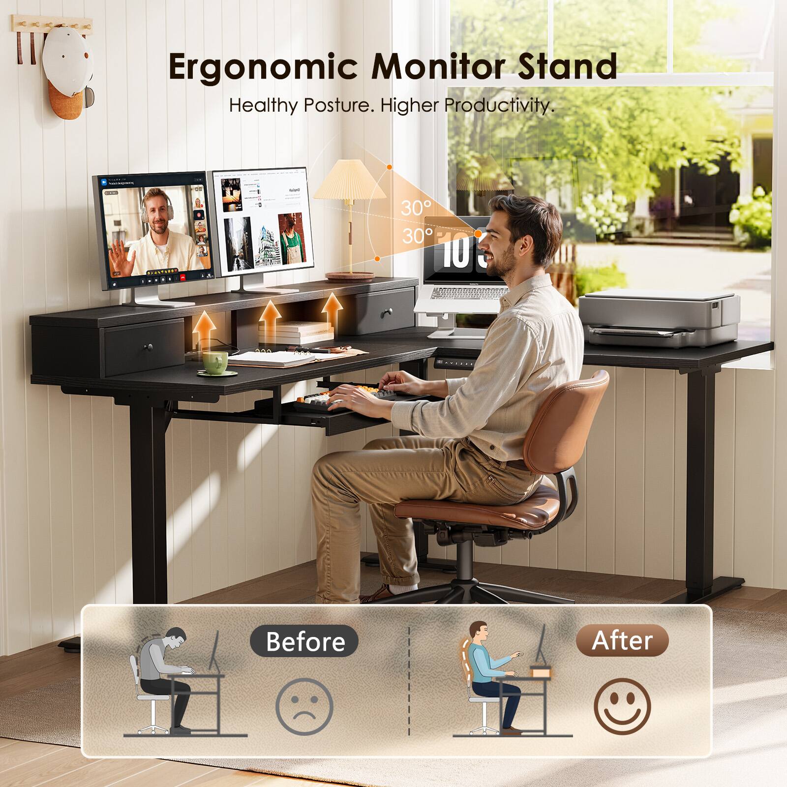 II7 Ergonomic Monitor Stand Healthy Posture. Higher Productivity. | C ........  T - - - 30 30 1U - Before After