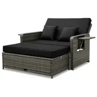 Costway Wicker Loveseat Sofa Set Patio Rattan Daybed with Ottoman & Retractable Side Tray - Black + Mix Gray - Front_Zoom