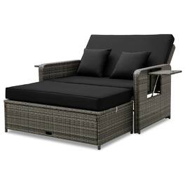 Costway - Wicker Loveseat Sofa Set Patio Rattan Daybed with Ottoman & Retractable Side Tray - Black + Mix Gray