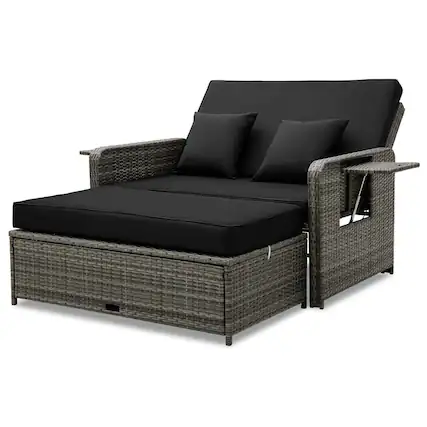Front. Costway - Wicker Loveseat Sofa Set Patio Rattan Daybed with Ottoman & Retractable Side Tray - Black + Mix Gray.