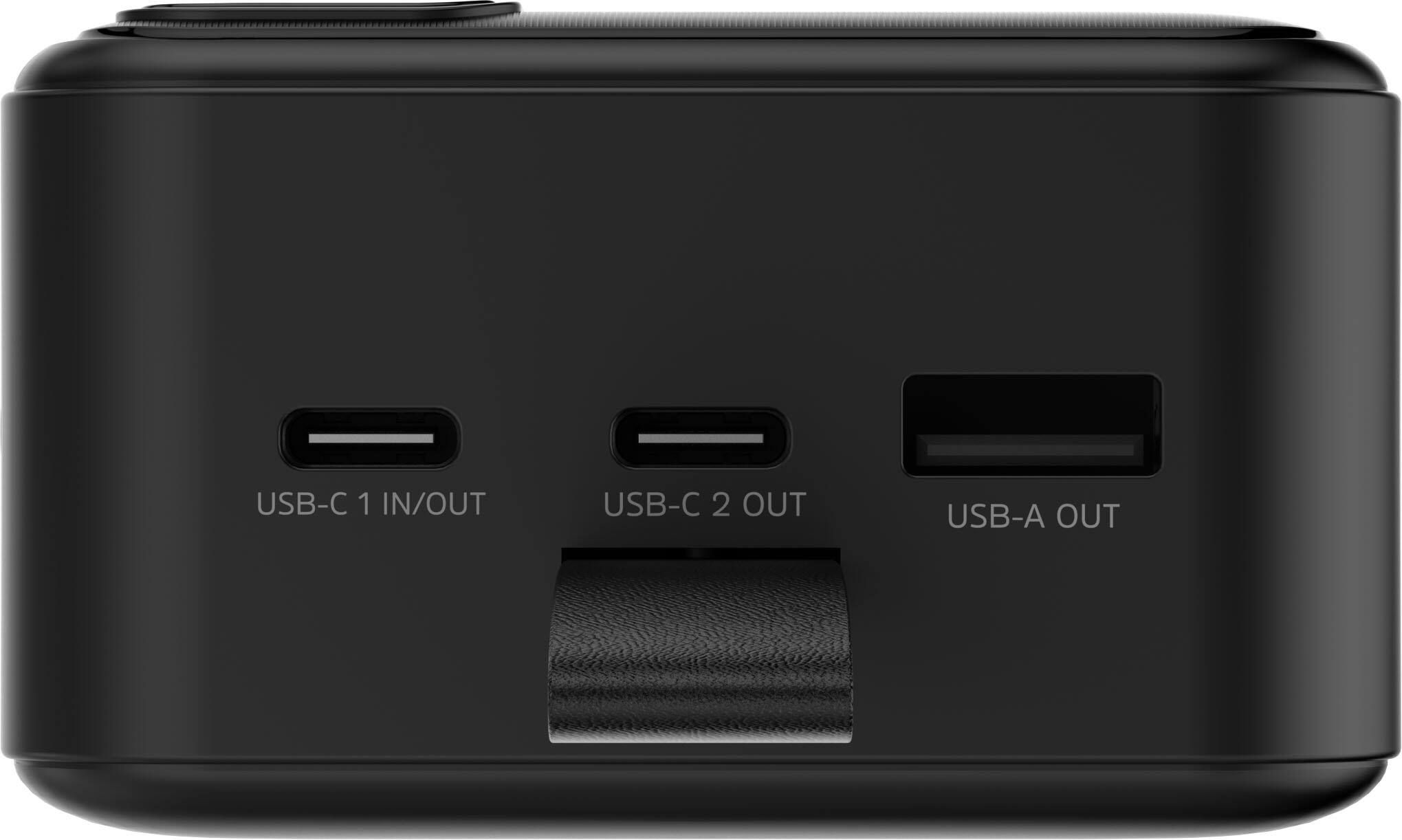The text on the image reads: USB-C 1 IN/OUT USB-C 2 OUT USB-A OUT.