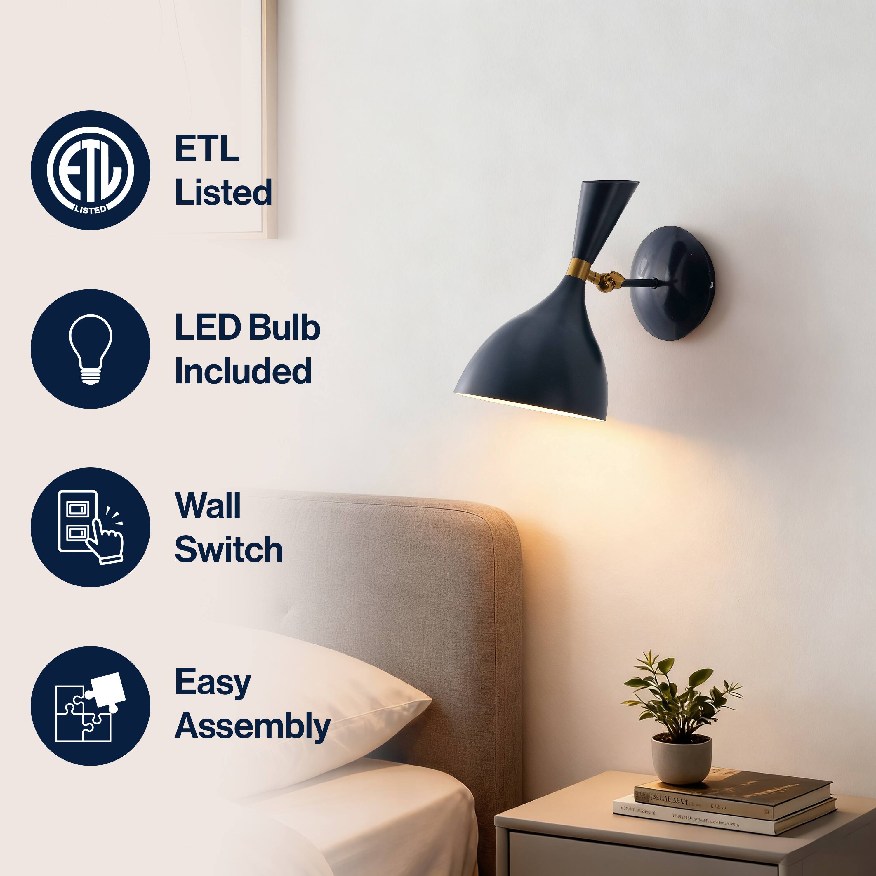 ETL Listed  
LED Bulb Included  
Wall Switch  
Easy Assembly