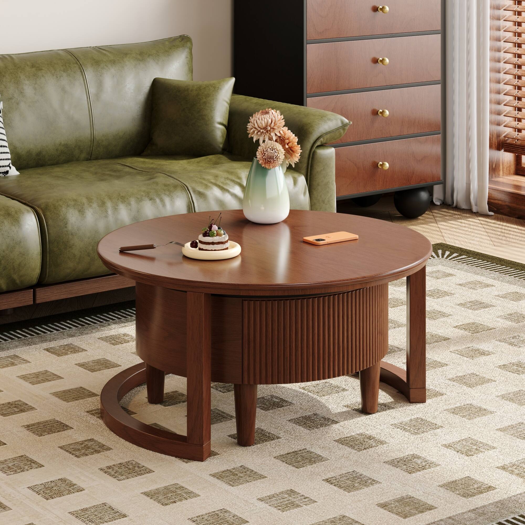 Back. GOODSILO - Vintage Round Nesting Coffee Table Set with Fluted Drawer in Two-Tone Finish - Walnut.